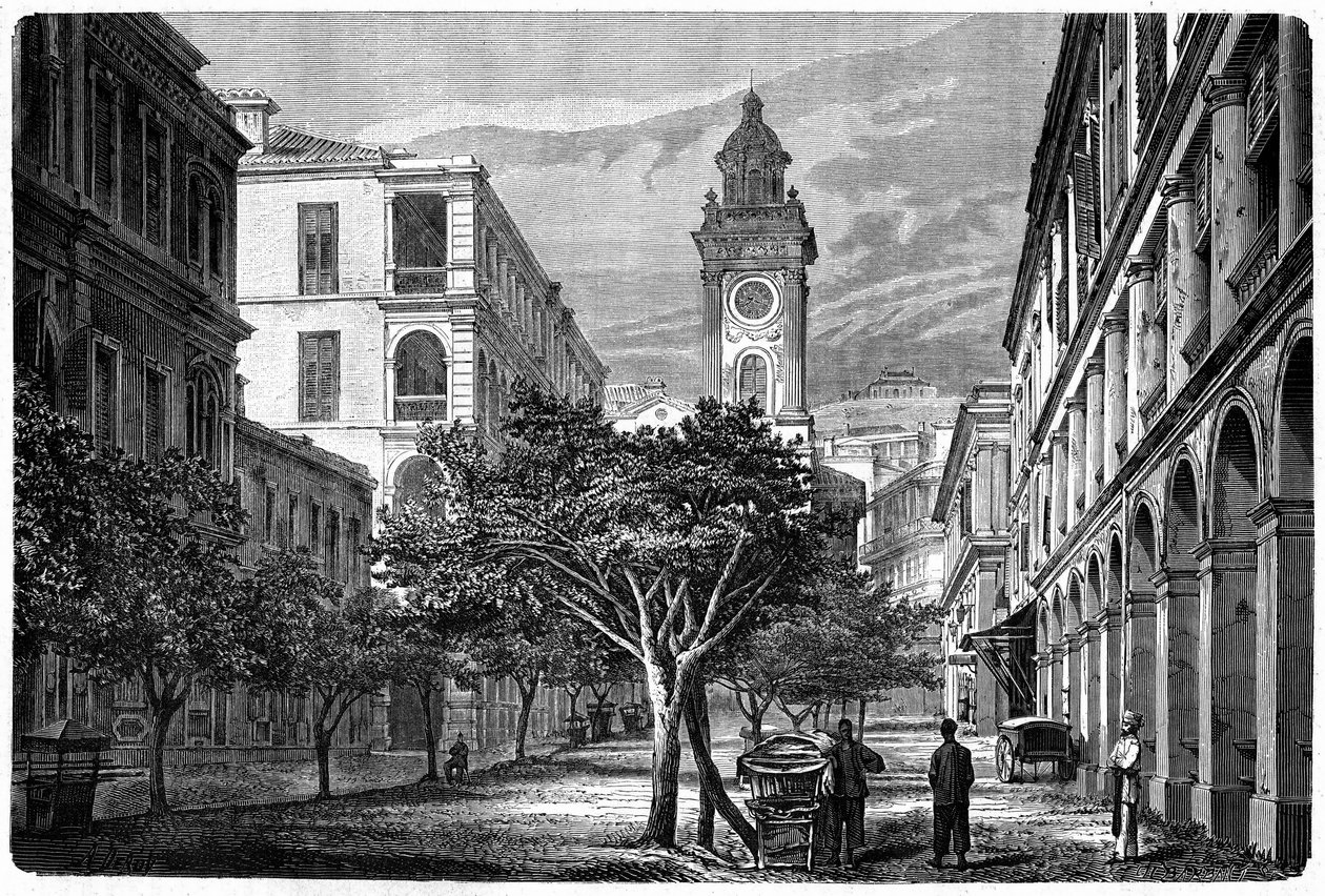 Näkymä Hongkongin historiallisesta kellotornista. Kaiverrus Deroyn piirustuksen jälkeen julkaisussa "" Le Tour du Monde, Nouveau Journal des Voyages", toimittanut Edouard Charton, Paris tekijältä Deroy (after)