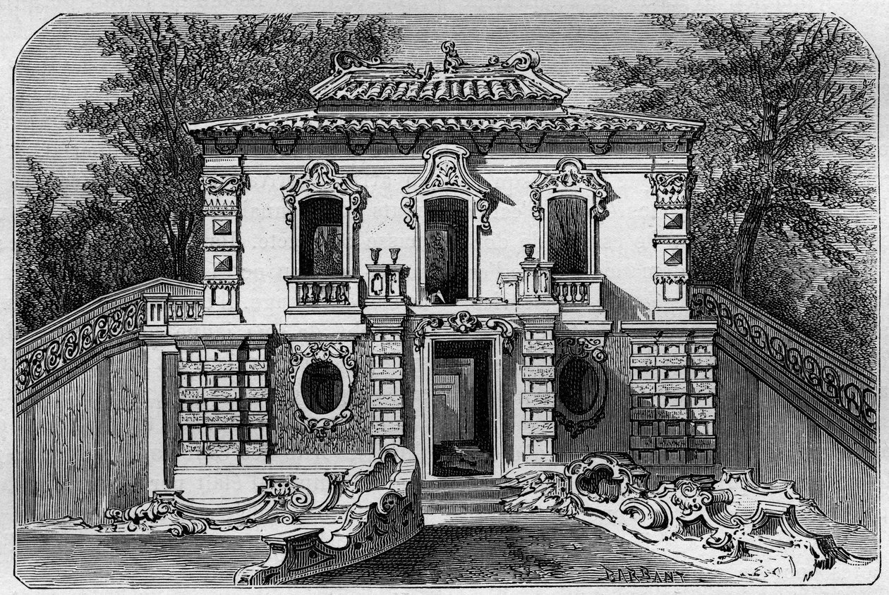 Yuanmingyuanin eurooppalainen palatsi, täydellinen Clarte Garden Ete Palacessa lähellä Pekiniä (Peking). Kaiverrus Deroyn piirustuksen mukaan julkaisussa "" Le Tour du Monde, Nouveau Journal des Voyages", toimittanut Edouard Charton, Paris tekijältä Deroy (after)
