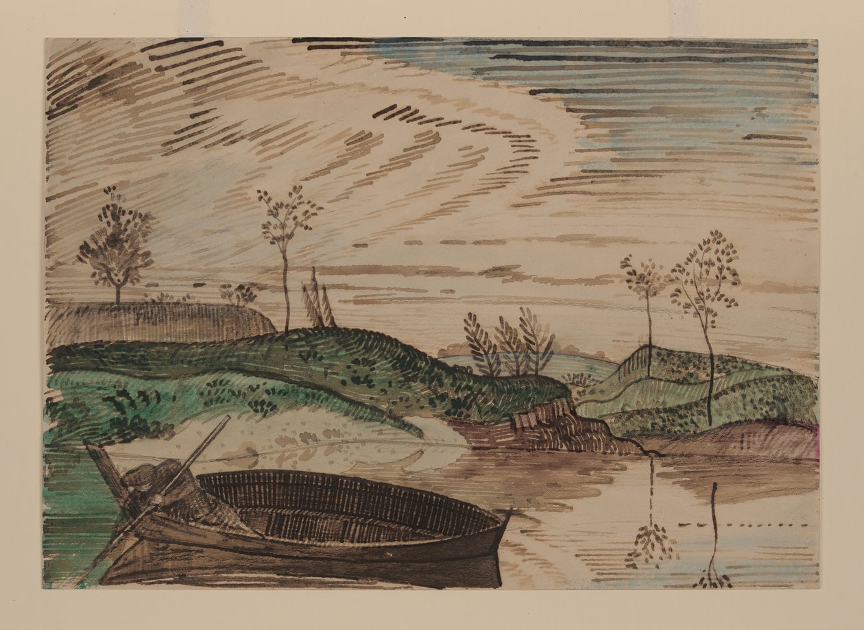 Bsura-joella, Puolassa, n. 1915 (akvarelli, lyijykynä ja liitu paperille) tekijältä Derwent Lees