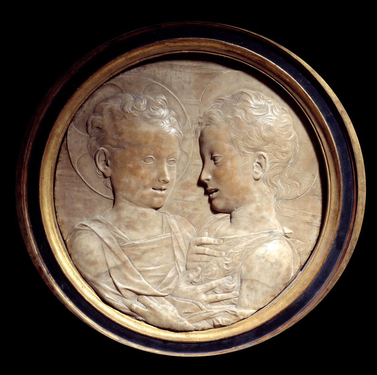 Jeesus Kristus ja Pyhä Johannes Kastaja Lapset Reliefi pyöreällä marmorilla, kirjoittanut Desiderio da Settignano (1428-1464) 1400-luvun su. 0,5 m Pariisi, Musee du Louvre tekijältä Desiderio da Settignano