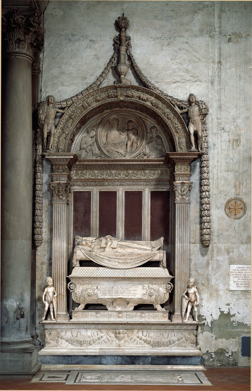 Firenzen tasavallan liittokanslerin Carlo Marsuppinin (1399-1453) hauta, valmistaja Desiderio da Settignano (n. 1430-1464), noin 1453. Firenze, Chiesa di Santa Croce tekijältä Desiderio da Settignano