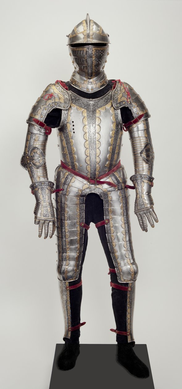 Field Armour, Garnituresta, luultavasti tehty Ludwig Ungnad von Weissenwolf auf Suneggille, n. 1552 (teräs kohokuvioidulla, syövytetyllä, mustetulla ja kullatulla koristeella, modernia messinkiä, samettia, nahkaa ja terästä) tekijältä Desiderius Helmschmid