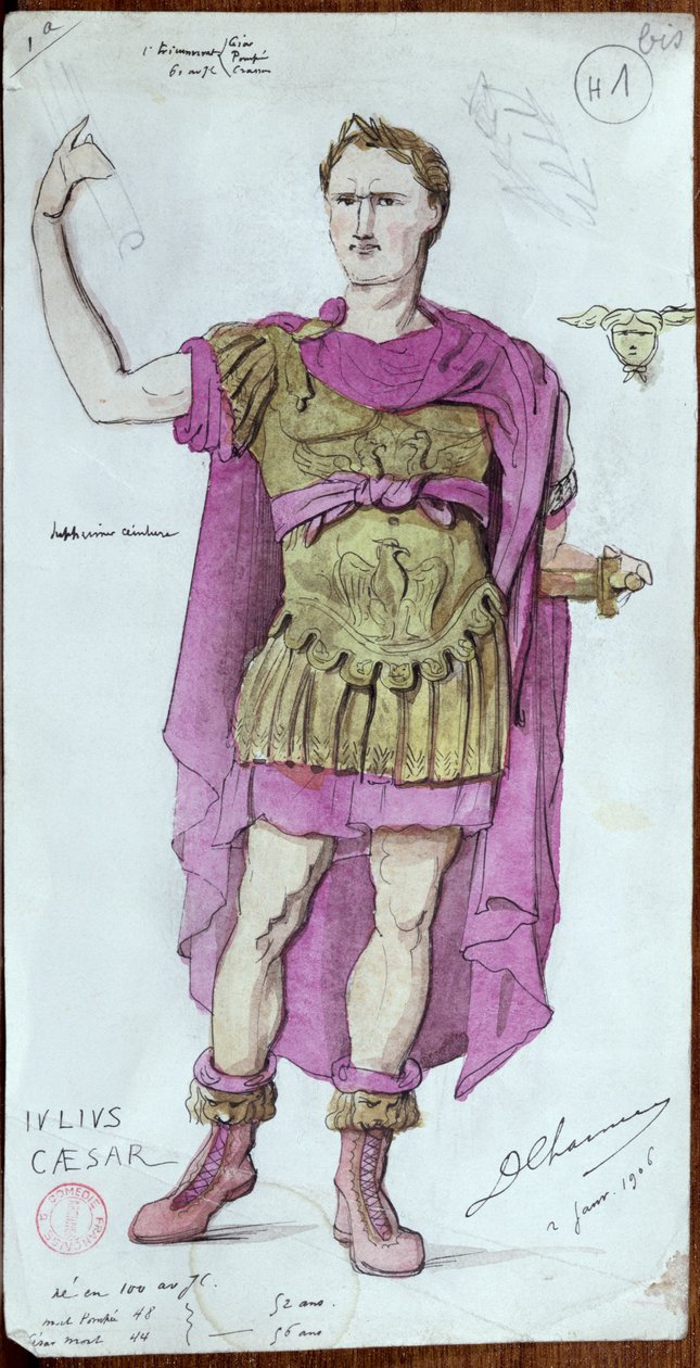 Pukusuunnittelu Julius Caesarille Corneillen teoksesta La Mort de Pompee, 1906 tekijältä Desire Chaineux