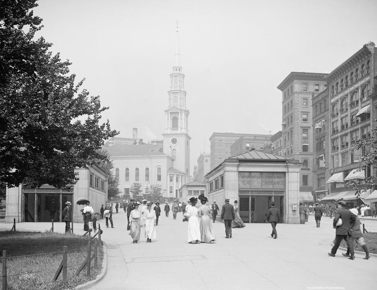 Park Street Church ja Tremont Street -ostoskeskus, Boston, Massachusetts, n. 1906 tekijältä Detroit Publishing Co.