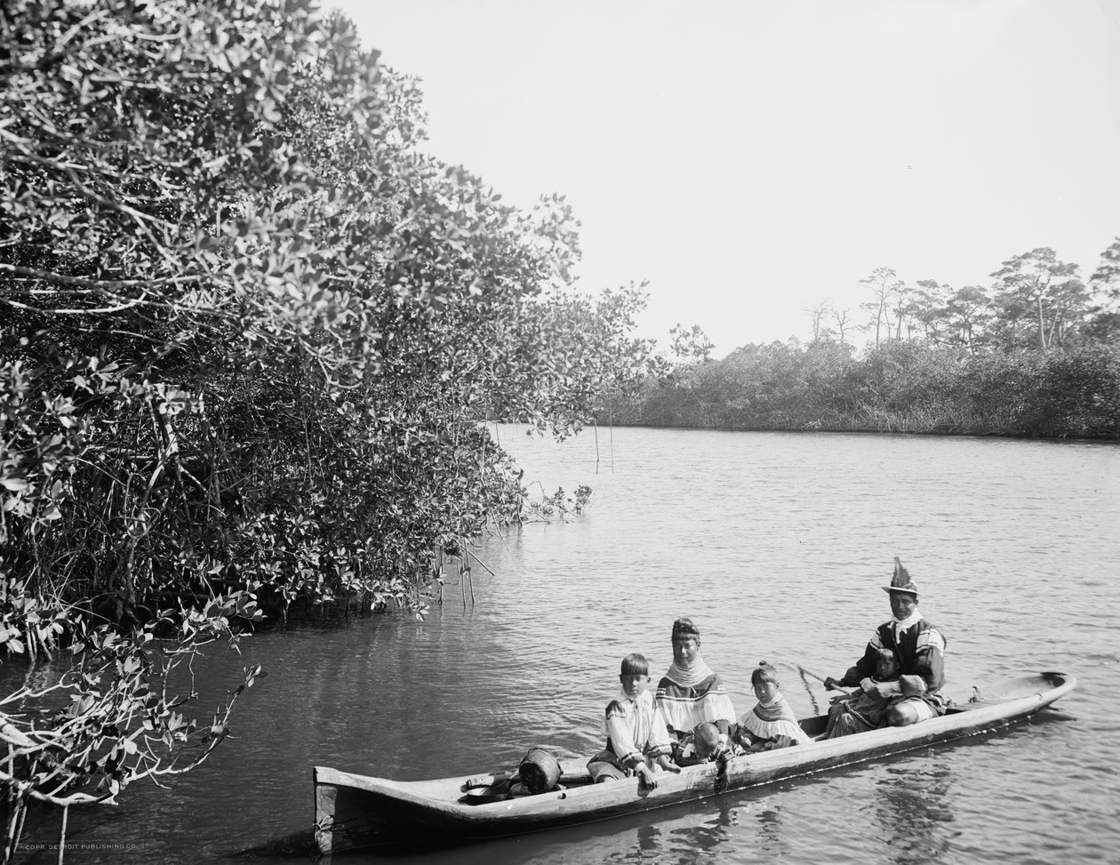 Seminole-intiaanien ja perheen kaivettu kanootti, Miami, Florida, n.1910-20 tekijältä Detroit Publishing Co.