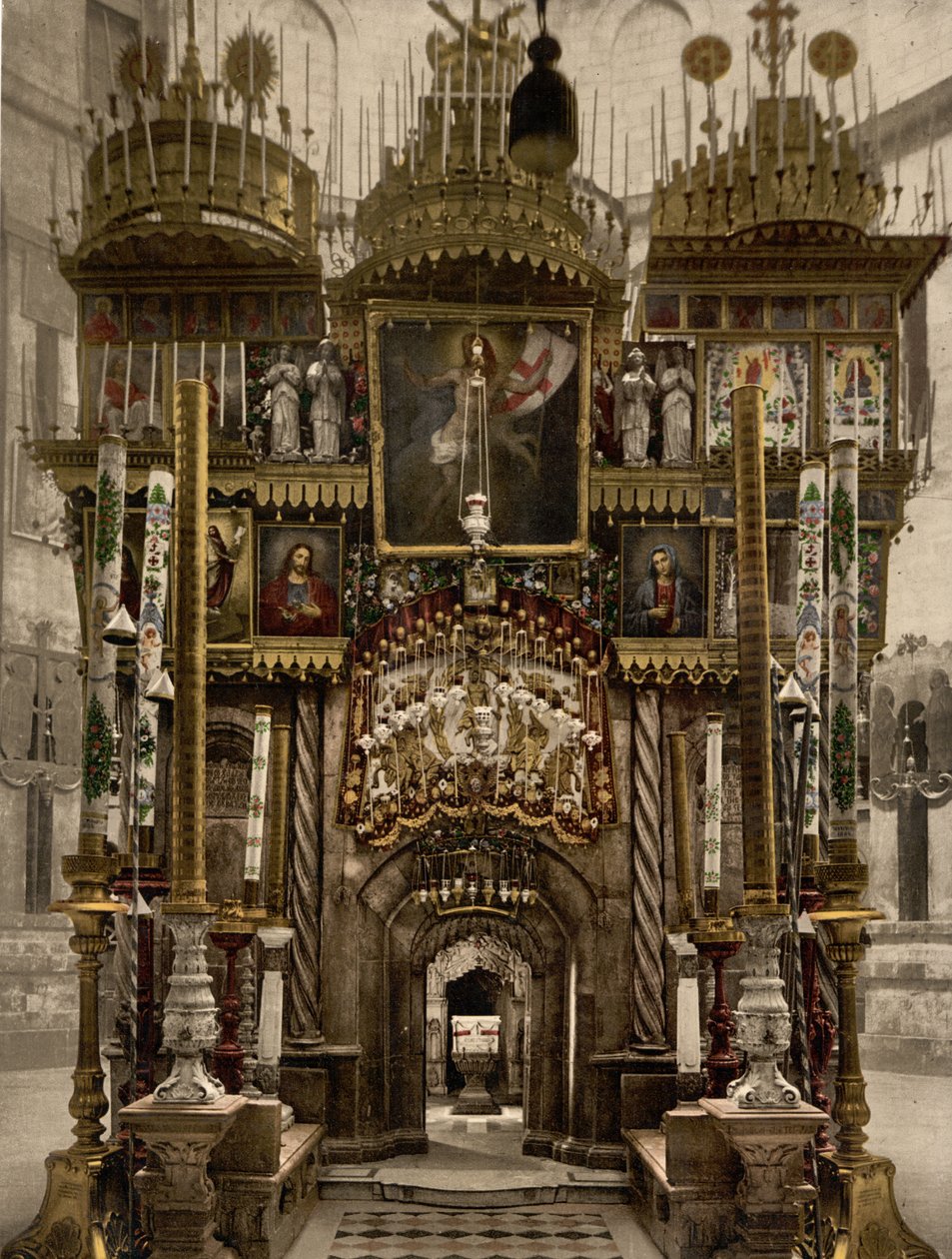 Pyhän haudan sisätilat, Jerusalem, Pyhä maa, n. 1890 - n. 1900 (valokuvatulostus) tekijältä Detroit Photographic Co.