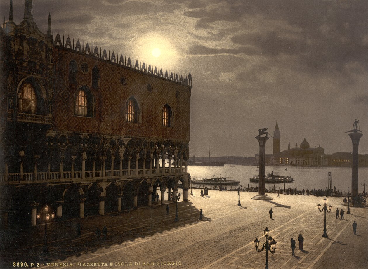 Piazzetta ja San Georgio kuunvalossa, Venetsia, Italia, n.1890-1900 (valokuvakromi) tekijältä Detroit Publishing Co.