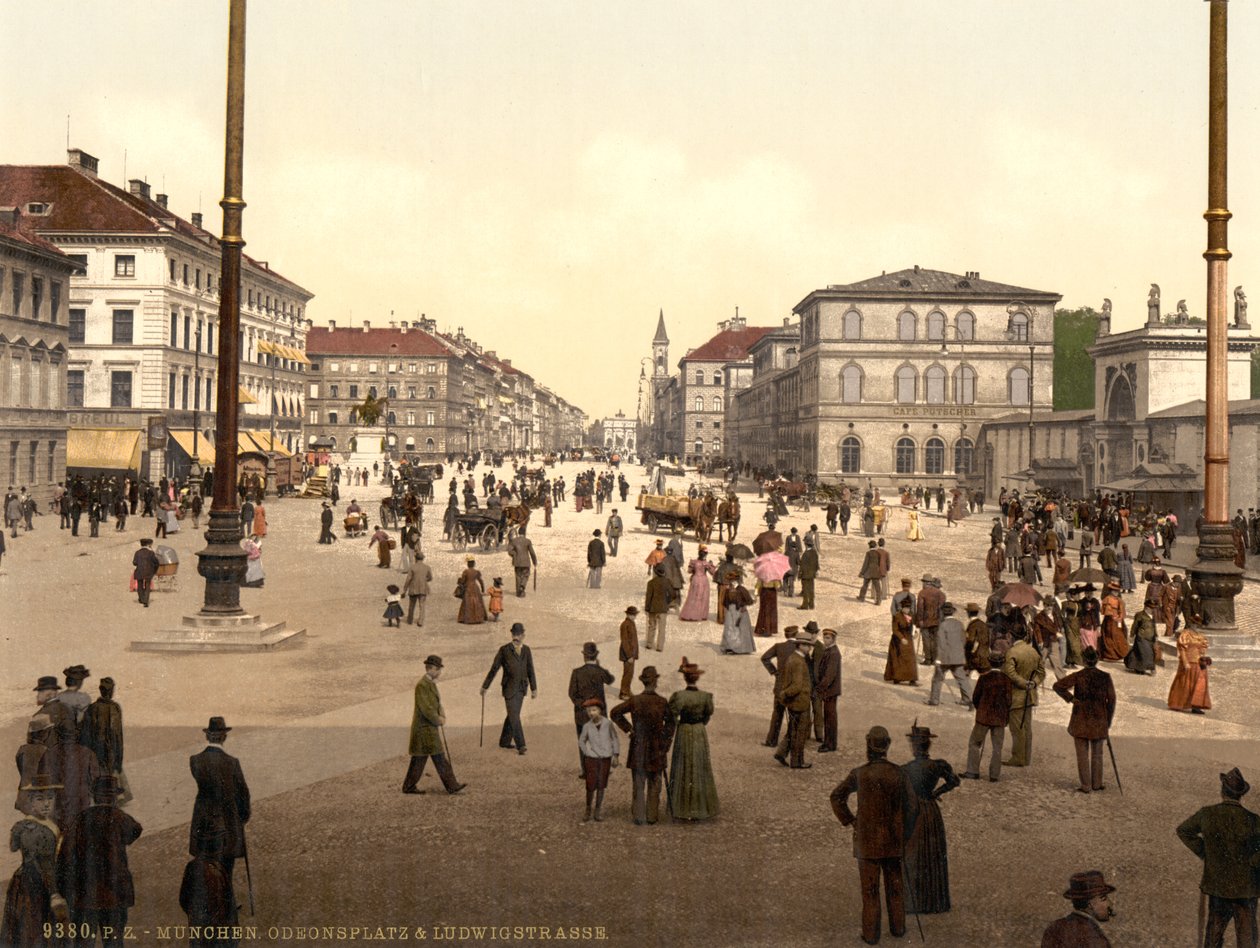 Street Scene, Odensplatz ja Ludwigstrasse, München, Baijeri, Saksa, n. 1900 tekijältä Detroit Publishing Co.