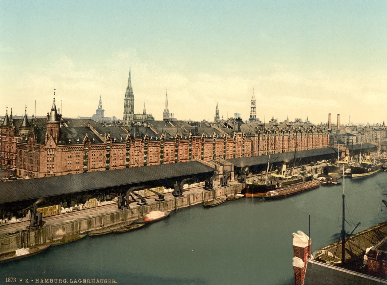 Varastot satamassa, Hampuri, Saksa, Photochrome Print, n. 1900 tekijältä Detroit Publishing Co.