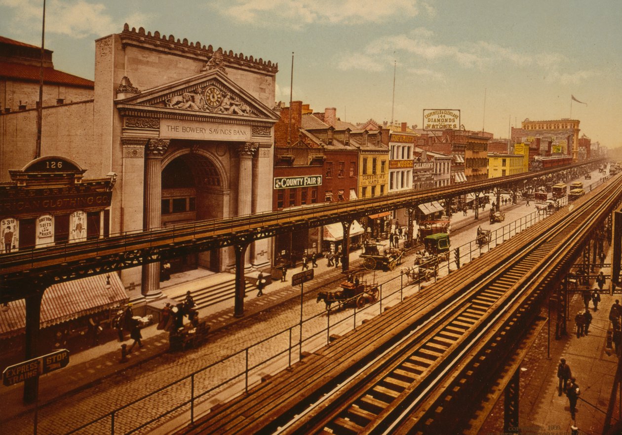 The Bowery, New York City, n. 1900 (valokuva) tekijältä Detroit Publishing Co.