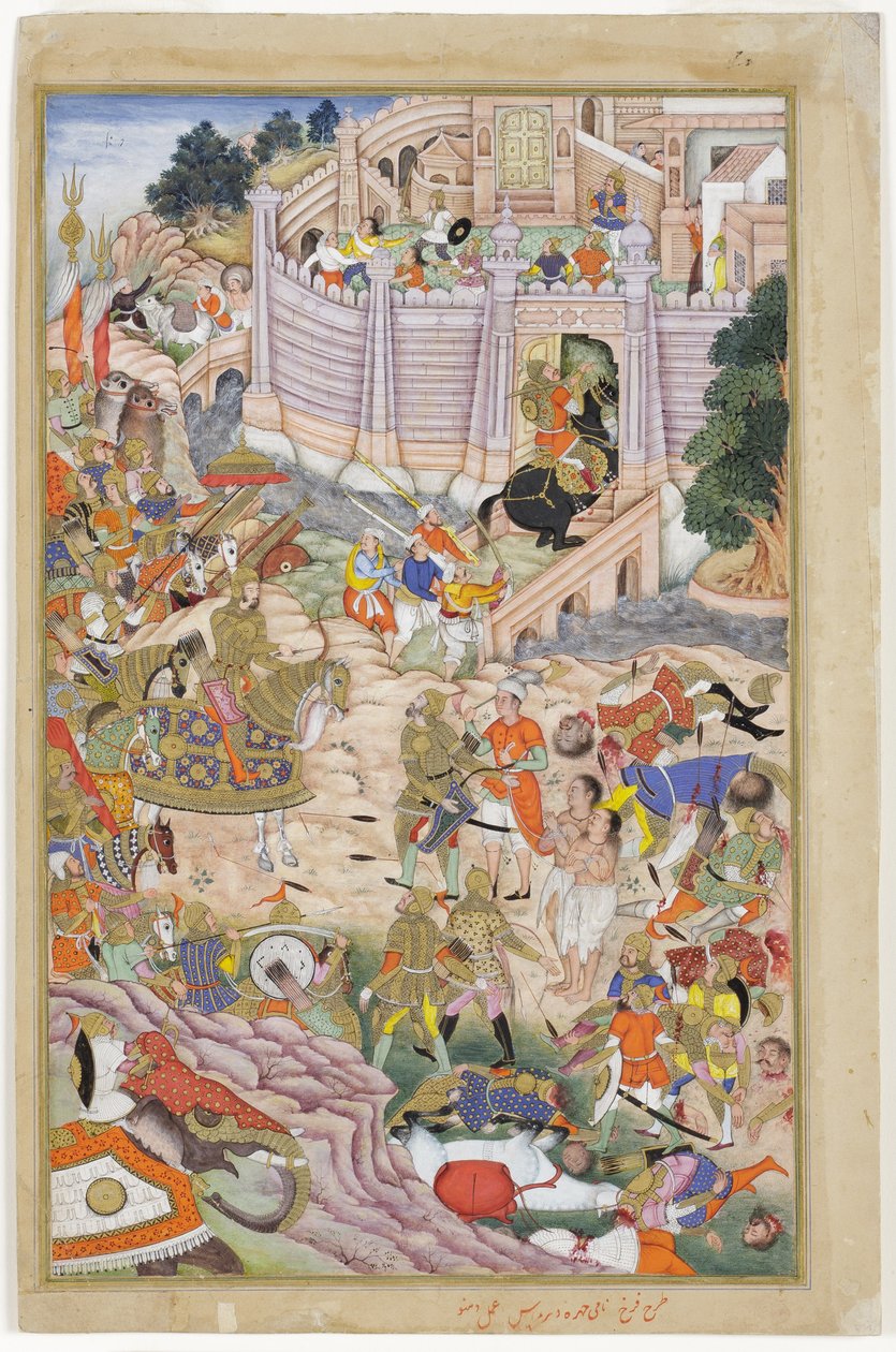 Baburin joukot valtaavat linnoituksen Kabulissa, n. 1590-1600 (läpinäkymätön wc ja kulta paperilla) tekijältä Dhannu, and Dharmdas Farrukh