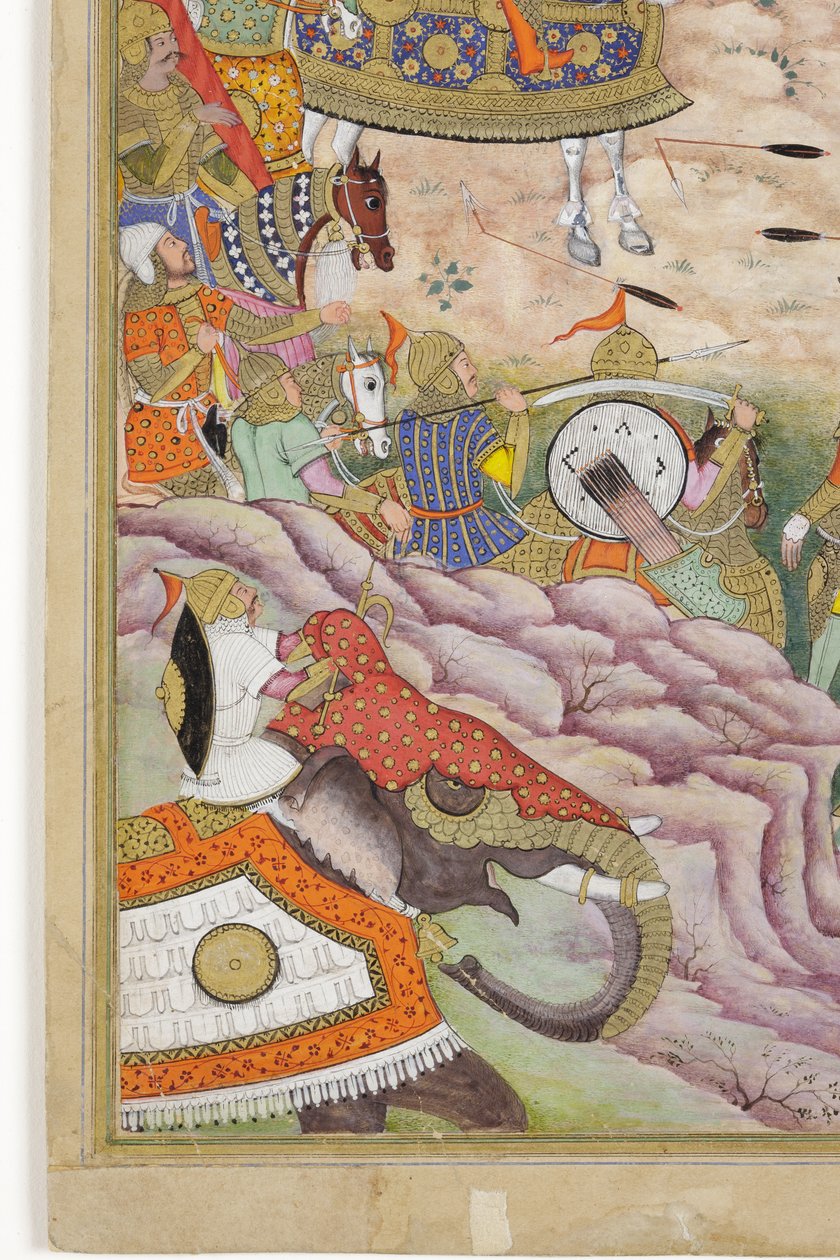 Yksityiskohta Baburin joukoista valloittaa Kabulin linnoituksen, n. 1590-1600 (läpinäkymätön wc ja kulta paperilla) tekijältä Dhannu, and Dharmdas Farrukh
