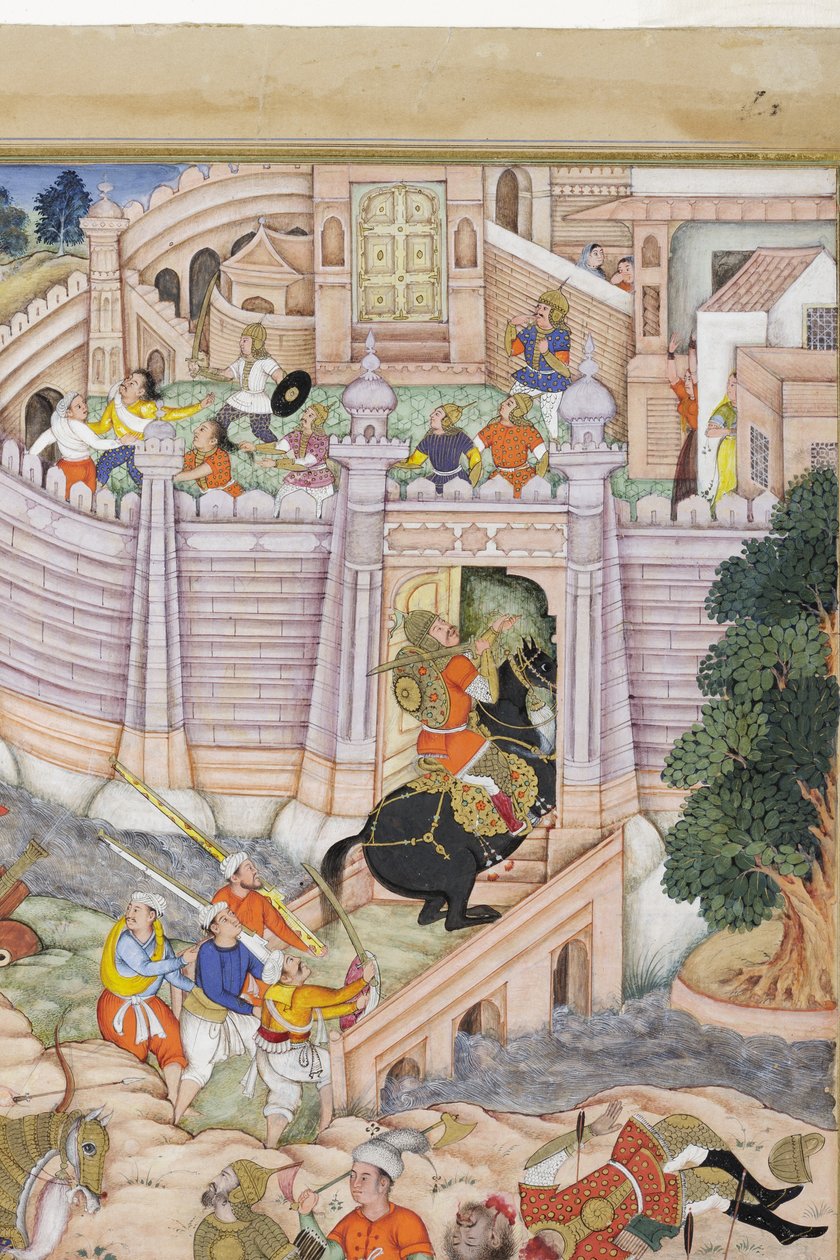 Yksityiskohta Baburin joukoista valloittaa Kabulin linnoituksen, n. 1590-1600 (läpinäkymätön wc ja kulta paperilla) tekijältä Dhannu, and Dharmdas Farrukh