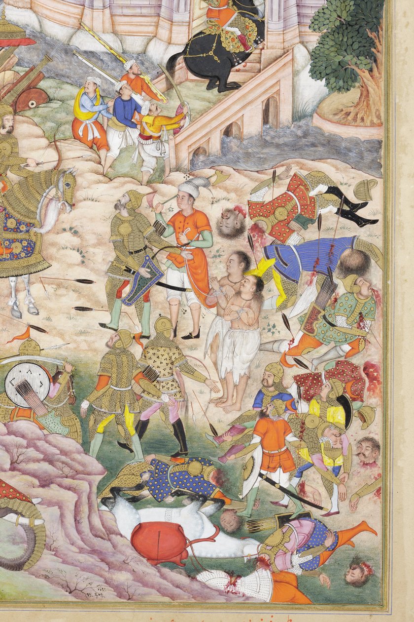 Yksityiskohta kuvasta Baburin joukot valtaavat Kabulin linnoituksen, noin 1590-1600 (peittävä akvarelli ja kulta paperilla). tekijältä Dhannu & Dharmdas Farrukh