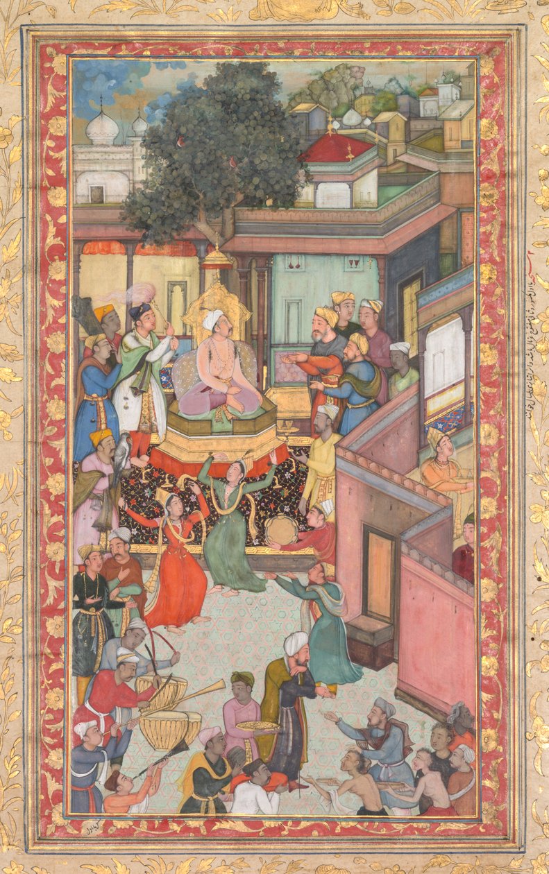 Ympärileikkausseremonia Akbarin pojille, maalaus 126 Akbar-naman kirjasta Akbar…, n. 1602-3. tekijältä Dharam Das