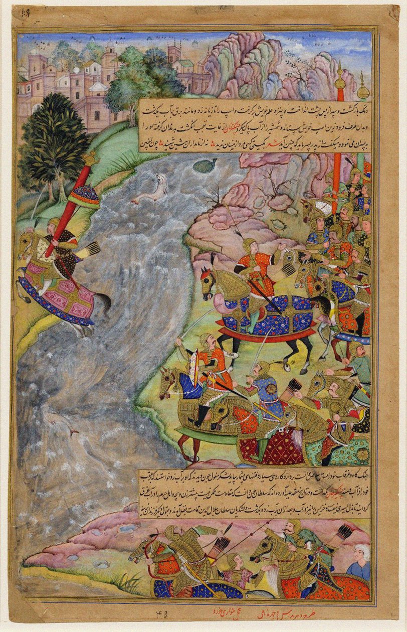 Jalal al-Din Khwarazm-Shah ylittää nopean Indus-joen, pakenee Chinggis Khania ja hänen armeijaansa, 1597 tekijältä Dharm Das