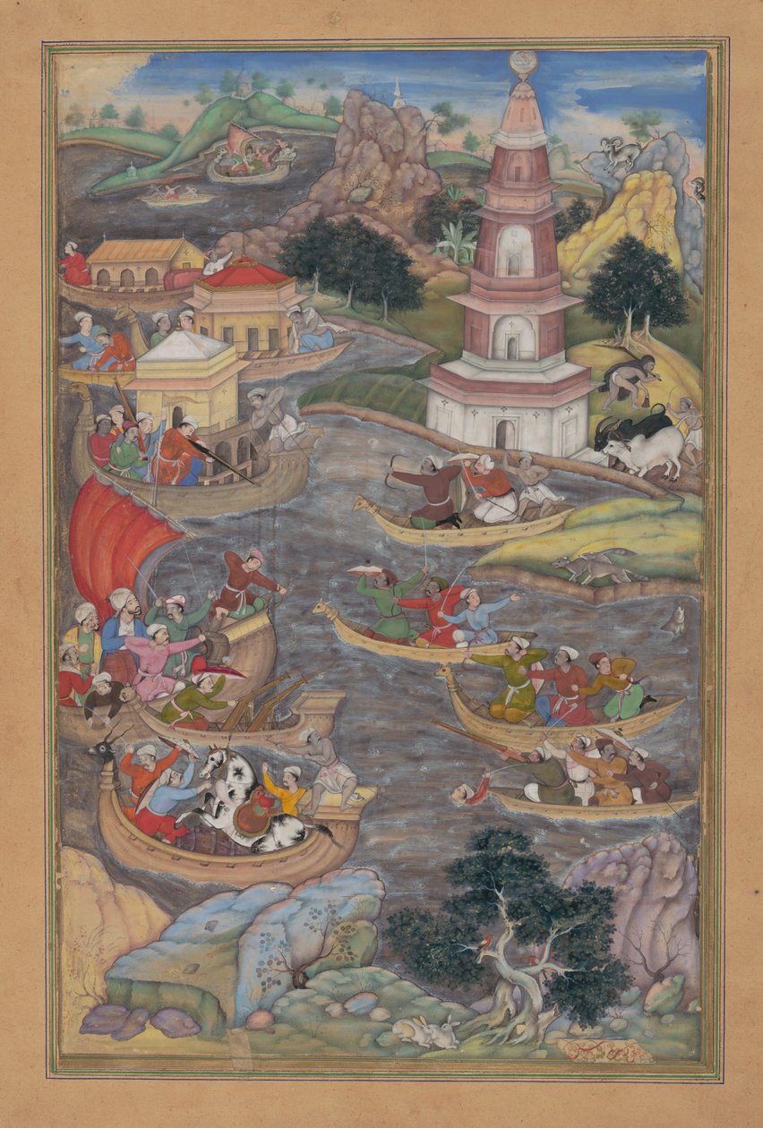Aleksanteri taistelee meritaistelussa, Folio Amir Khusrau Dihlavin Khamsa-kvintetistä, 1597-98. tekijältä Dharmadas