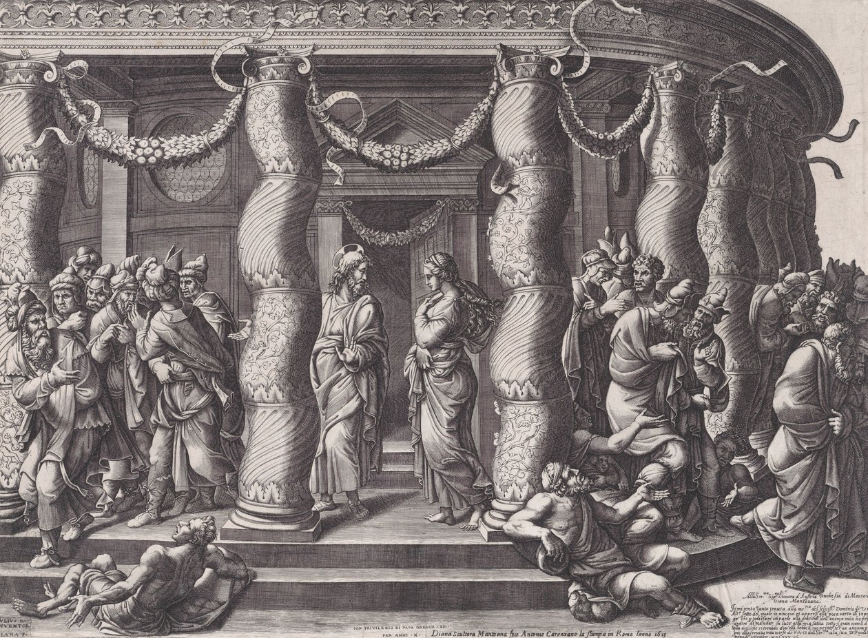 Kristus ja aviorikoksesta vangittu nainen, 1575, uudelleenjulkaistu 1613. tekijältä Diana Mantuana