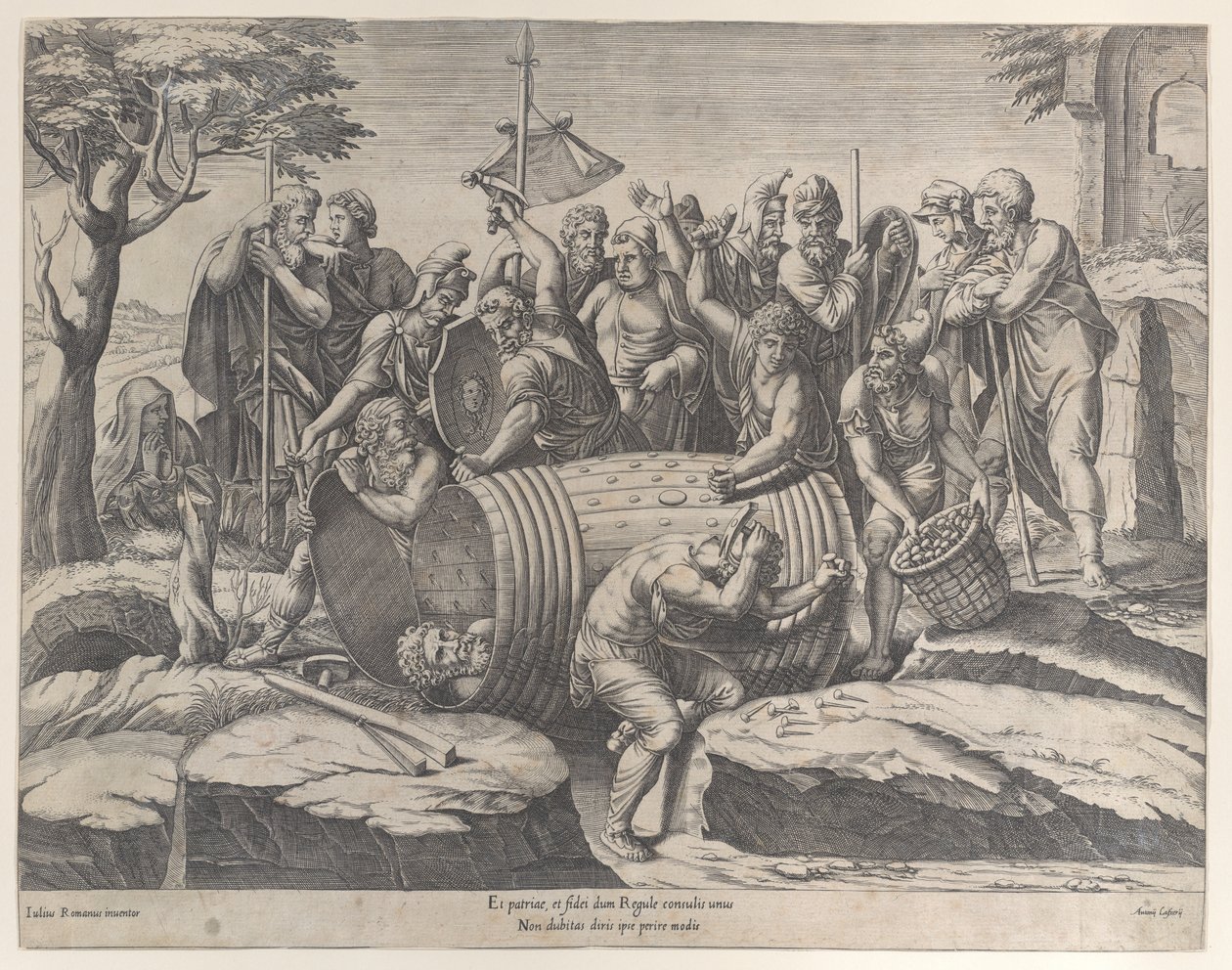 Marcus Atilius Regulus tynnyrissä, kun kaksi miestä lyö nauloja, erilaisia fi..., 1555-77. tekijältä Diana Mantuana