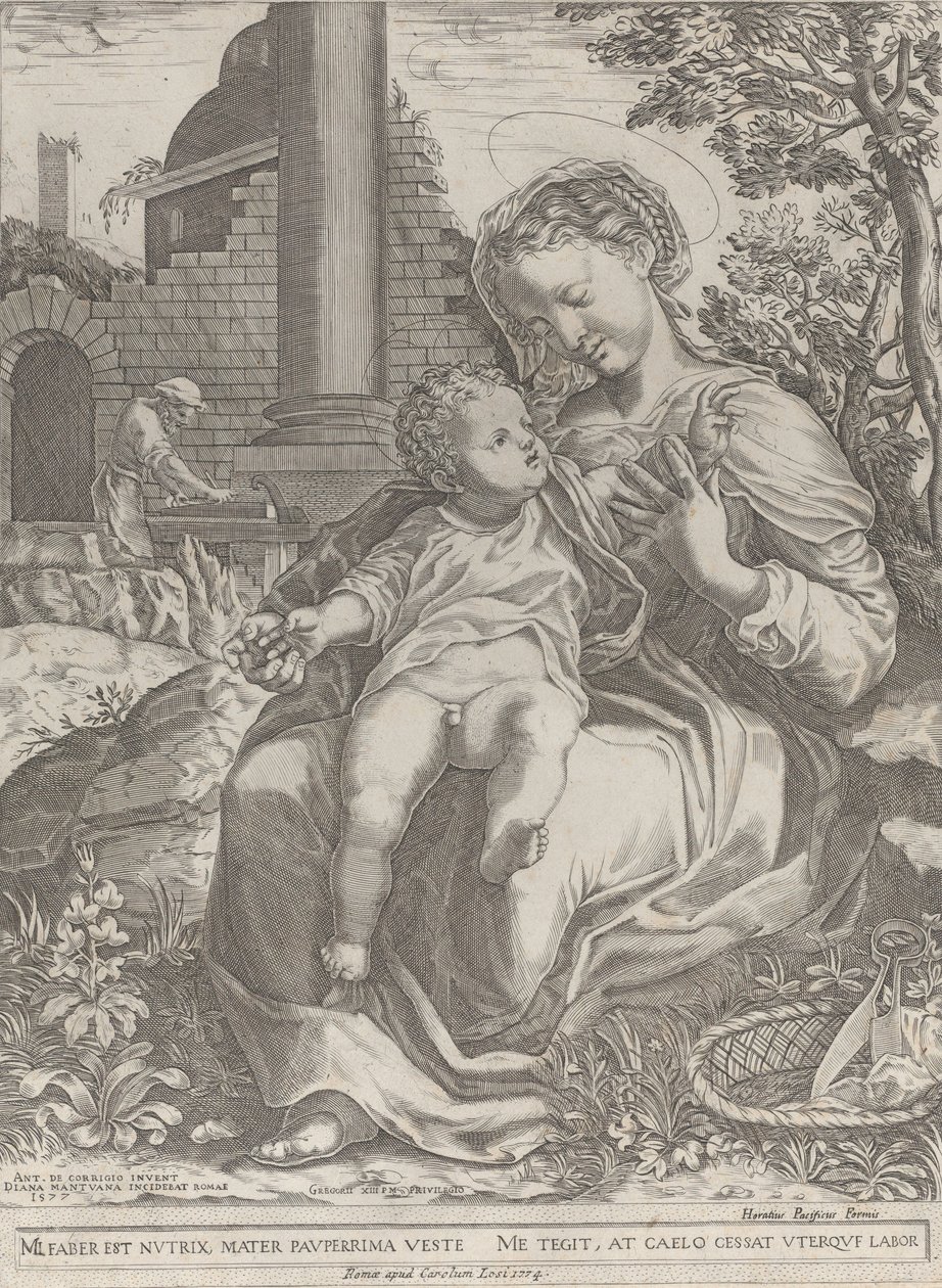 Pyhä perhe Egyptissä, taustalla Joosef puuseppänä..., [1577], julkaistu uudelleen 1774. tekijältä Diana Mantuana
