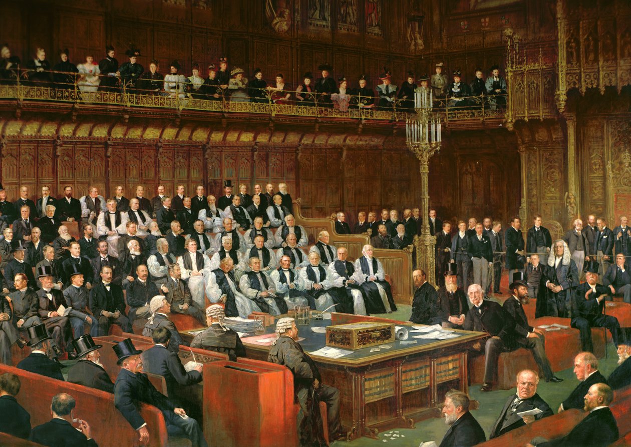 Home Rule Debate House of Lordsissa, 1893, Lord Chancellor esittelemässä kysymystä, 1893 (yksityiskohta) tekijältä Dickinson and Foster