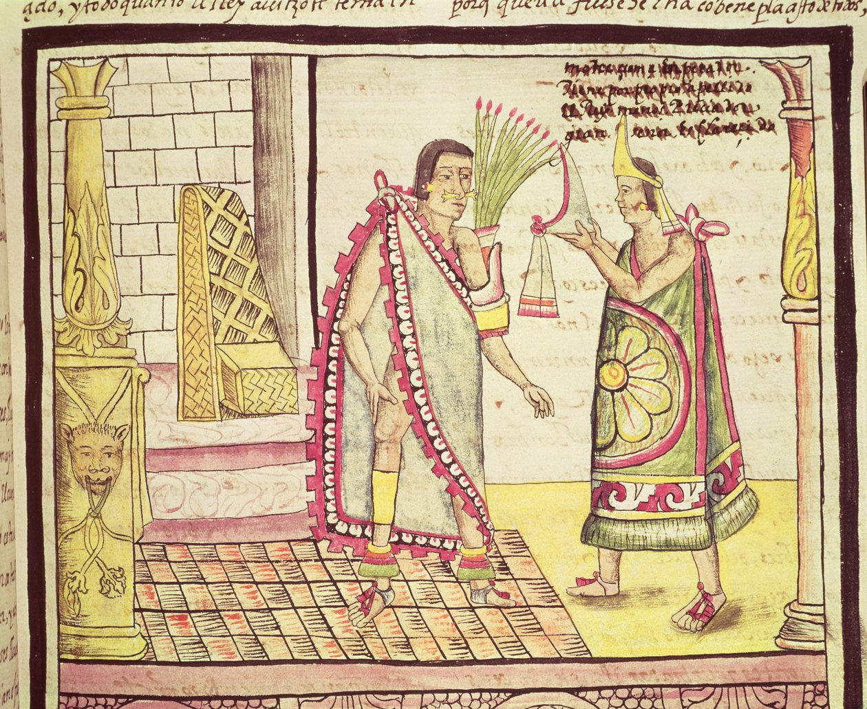 Fol.152v Meksikon viimeisen keisarin Montezuma II:n (1466-1520) kruunaaminen vuonna 1502, 1579. tekijältä Diego Duran