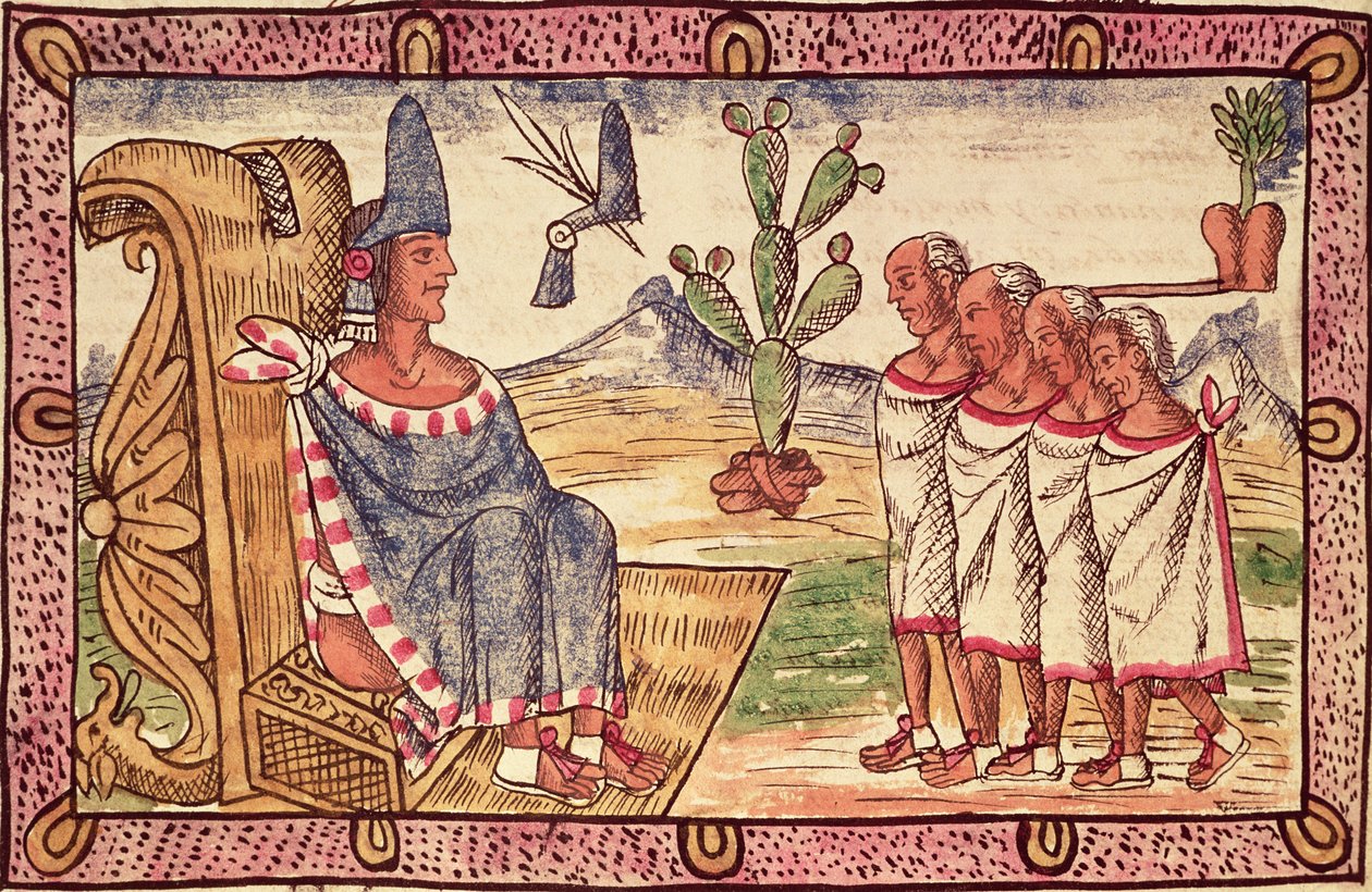 Fol.156v Montezuma II (1466-1520) ja hänen lähettiläänsä espanjalaisten valloittajien luona, 1579 tekijältä Diego Duran