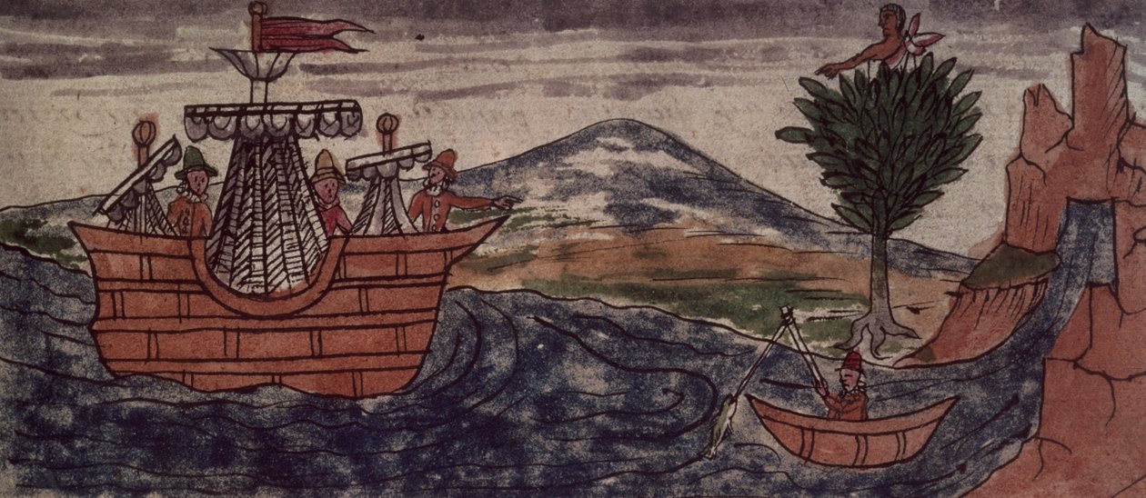 Fol.197v Intialainen vakooja tarkkailee espanjalaisen aluksen saapumista Meksikon rannikolle, 1579 tekijältä Diego Duran