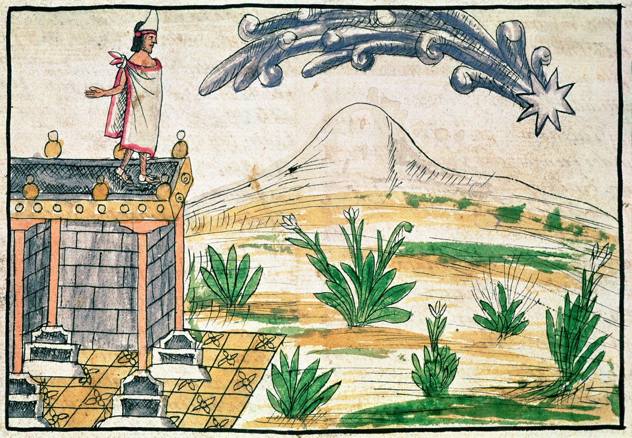 Montezuma II (1466-1520) katselee komeetta, 1579 (vellum) tekijältä Diego Duran