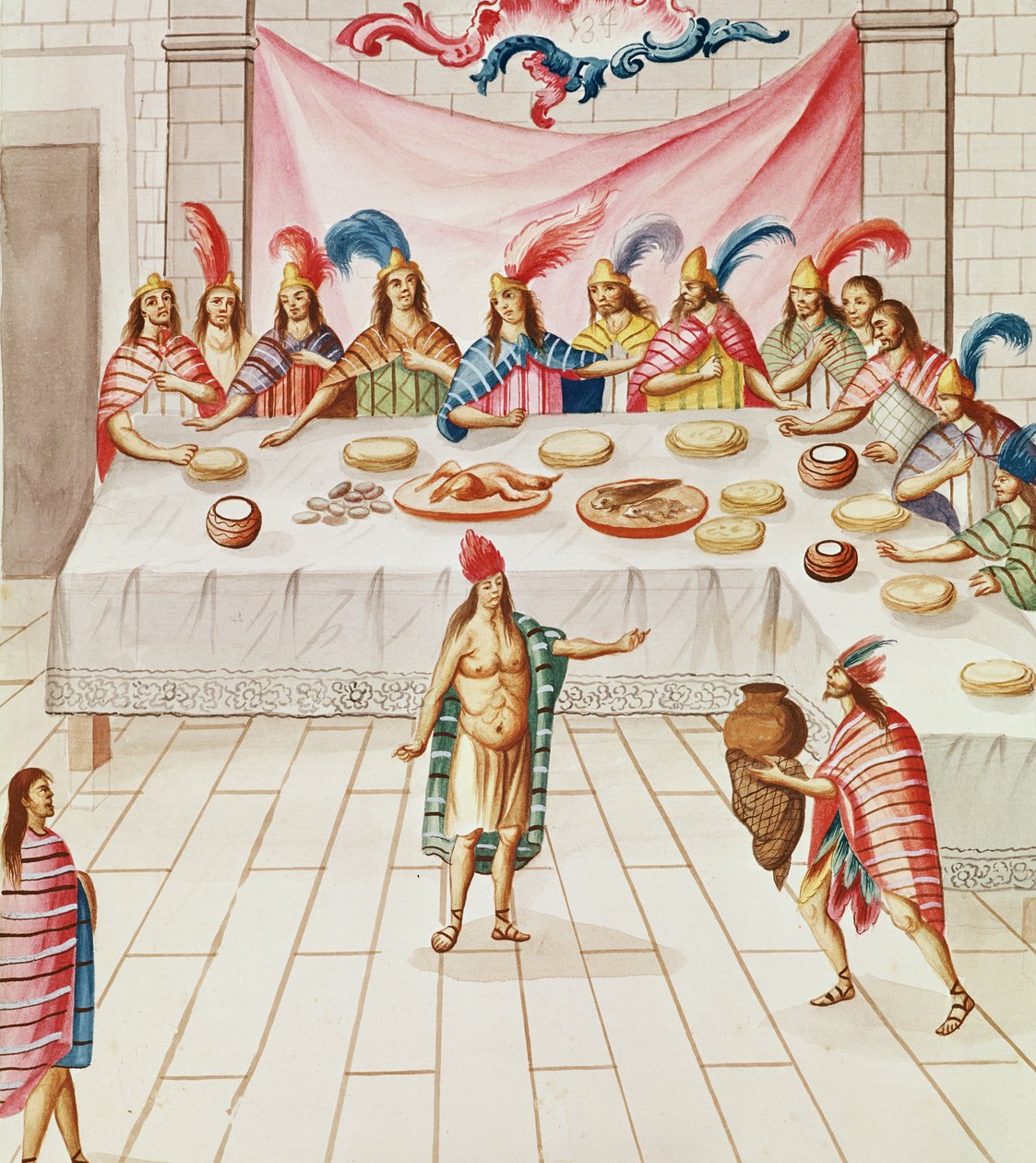 Tome 3 fol.134, A Banquet, teoksesta "Teatro de la Nueva Espana", 1700-luvun loppupuoli. tekijältä Diego Garcia Panes y Avellan