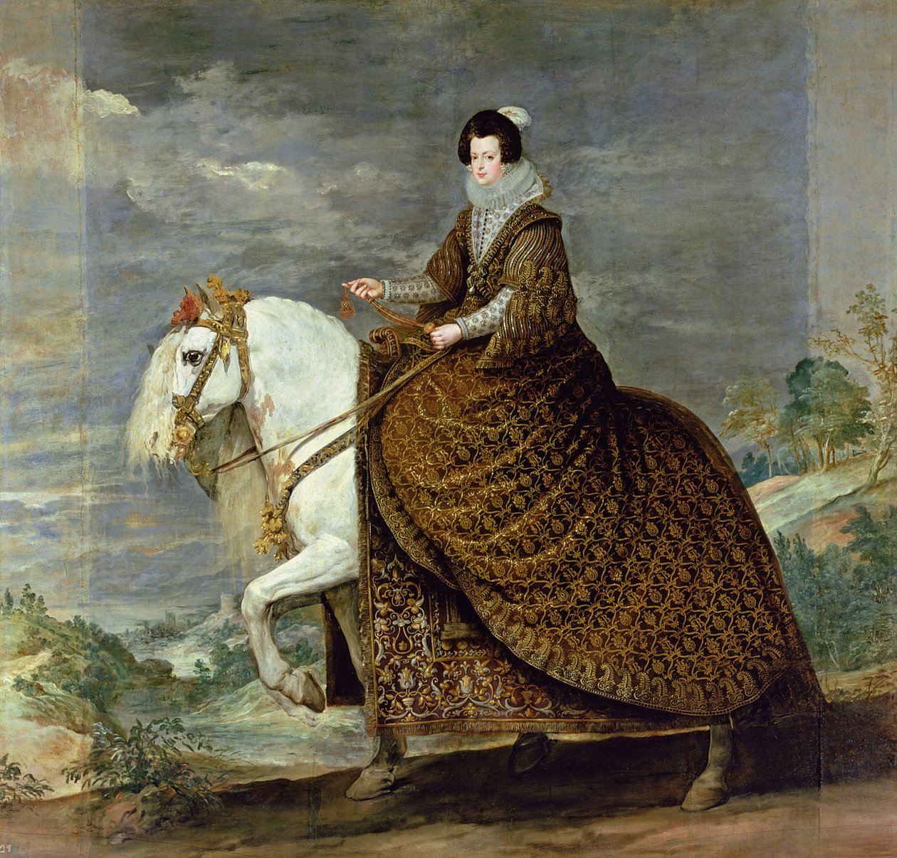Espanjalaisen Philip IV:n vaimon hevosurheilun muotokuva Elisabeth de Francesta tekijältä Diego Velázquez