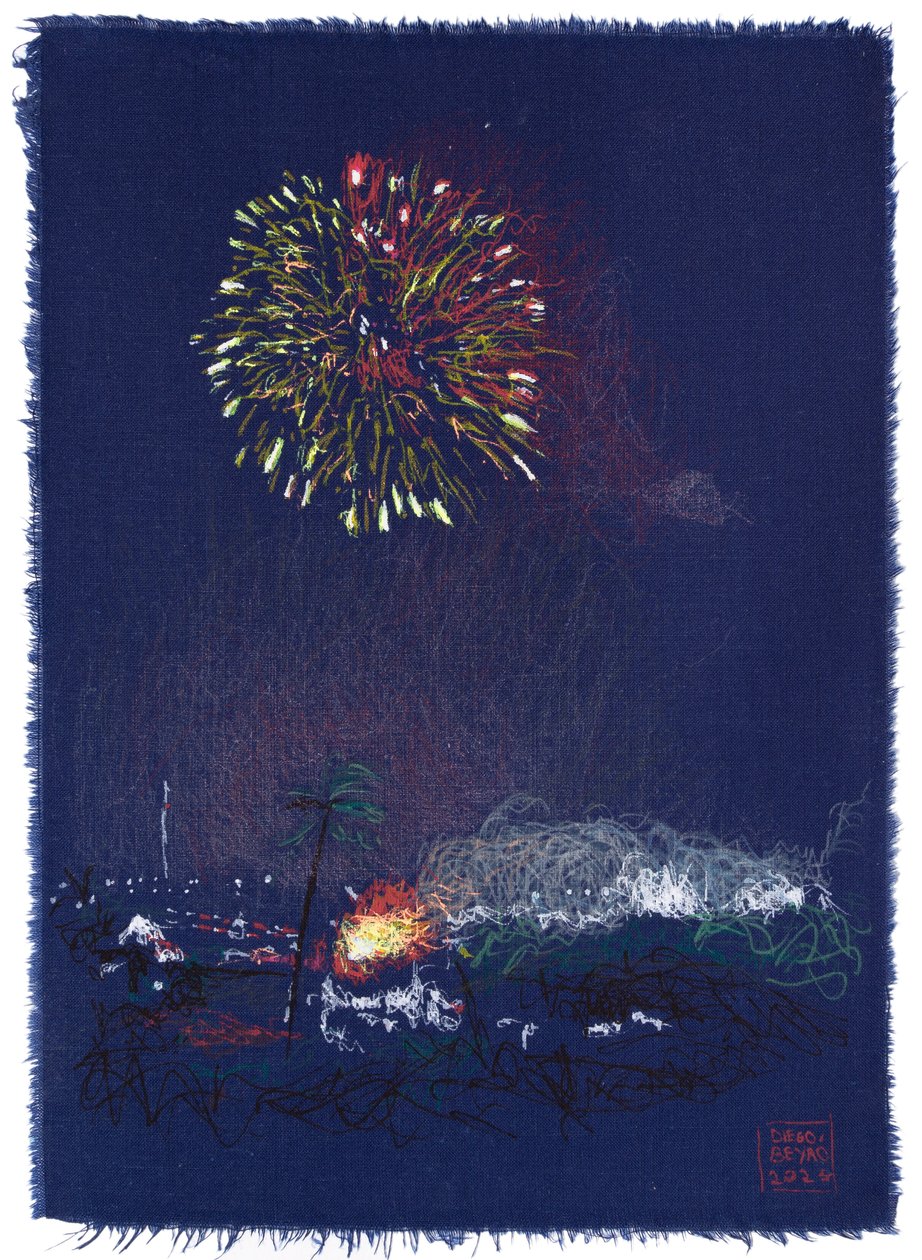 Keinotekoja itsenäisyyspäivänä, 2025 (akryyli, muste ja lyijykynä kankaalle) tekijältä Diego Beyro