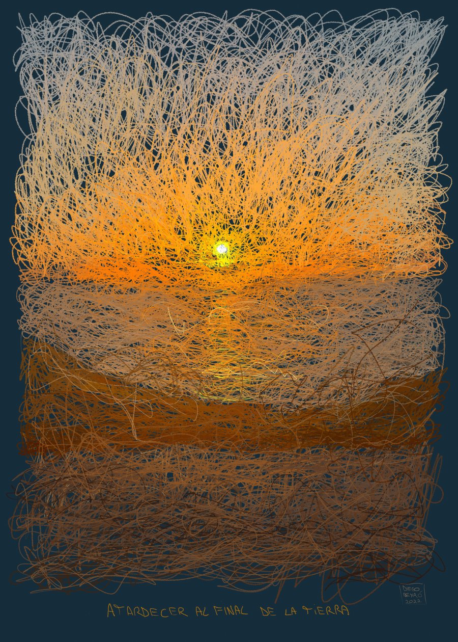 Auringonlasku maailman äärirajoilla, 2022 (digitaalinen taideteos tehty iPadilla) tekijältä Diego Beyro