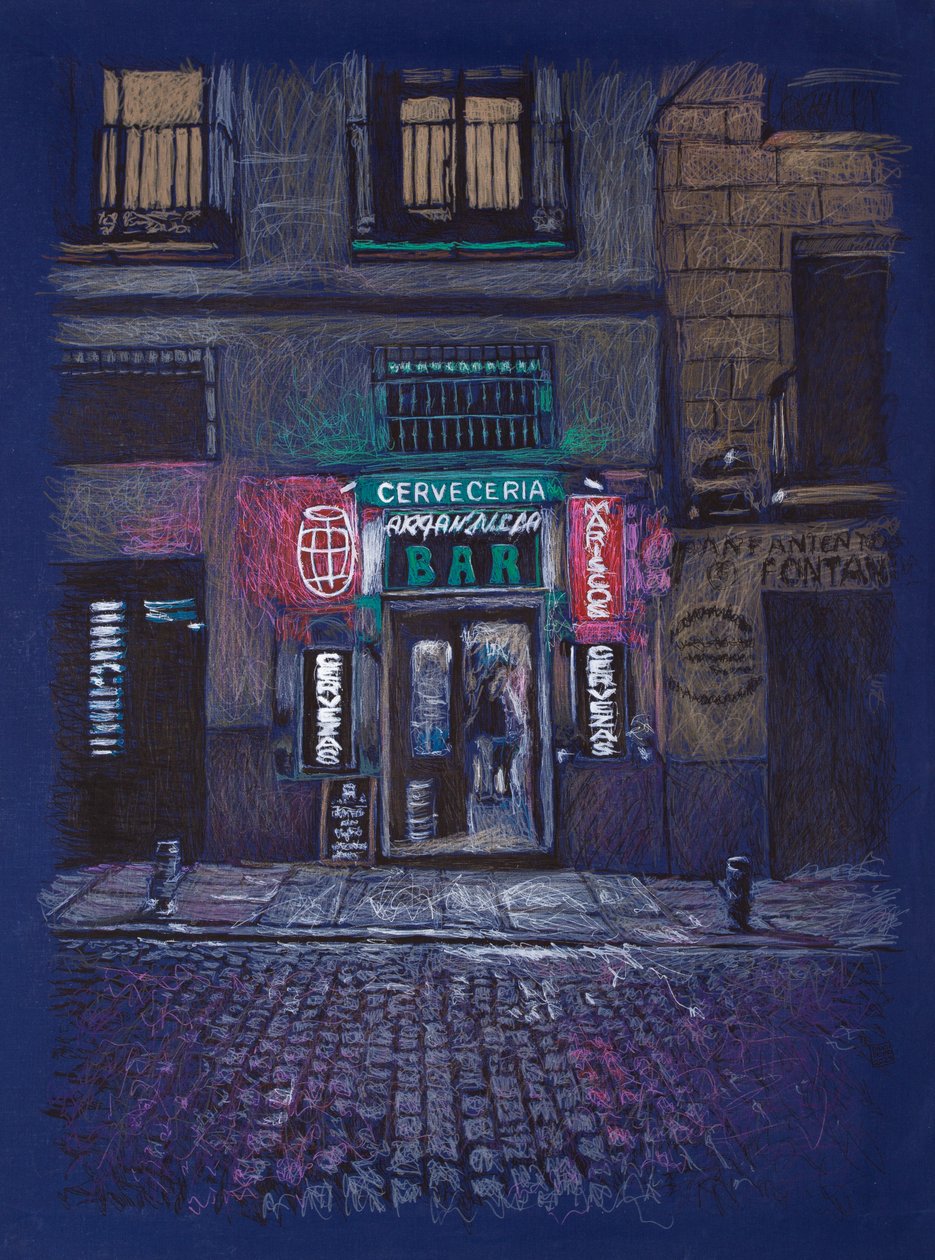 Bar Arganzuela, 2025 (akryyli ja lyijykynä kankaalle) tekijältä Diego Beyro