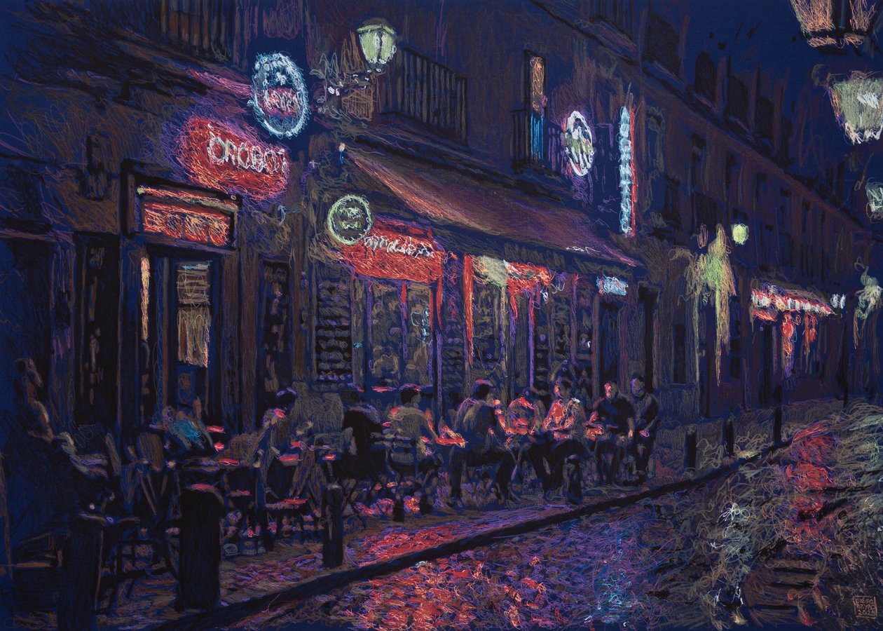 Calle y bar madrileño, 2025 (akryyli, muste ja lyijykynä kankaalle) tekijältä Diego Beyro
