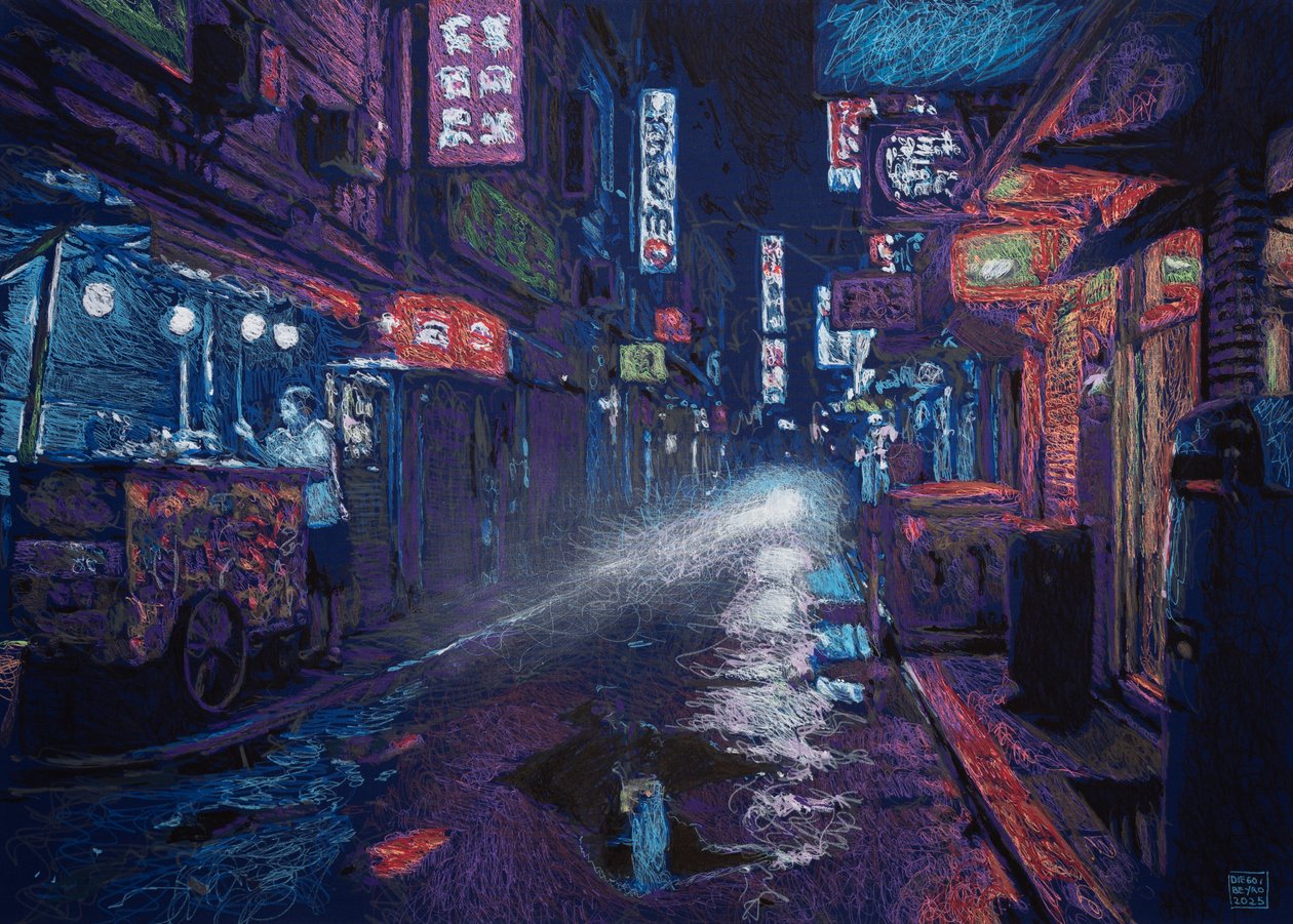 Callejón HK, 2025 (akryyli, muste ja lyijykynä kankaalle) tekijältä Diego Beyro