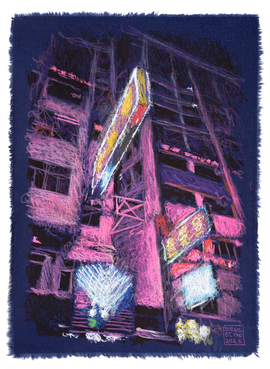 Callejón HK, 2025 (akryyli, muste ja lyijykynä kankaalle) tekijältä Diego Beyro