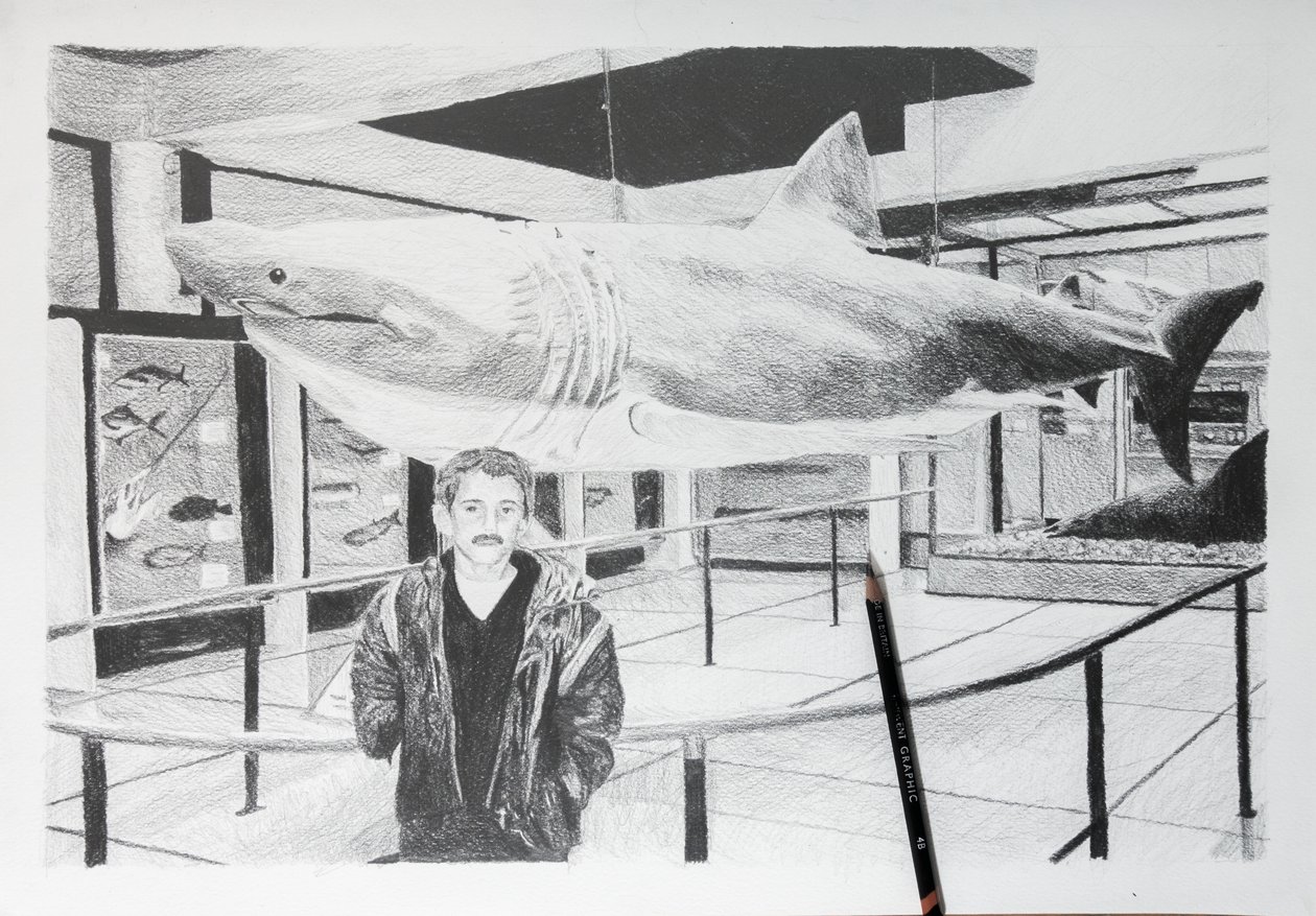 Dieguito ja hai, 2020 (lyijykynä paperille) tekijältä Diego Beyro