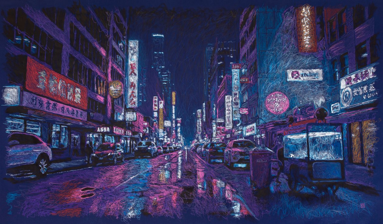 Stimuli avenue in HK, 2025 (akryyli, muste ja lyijykynä kankaalle) tekijältä Diego Beyro