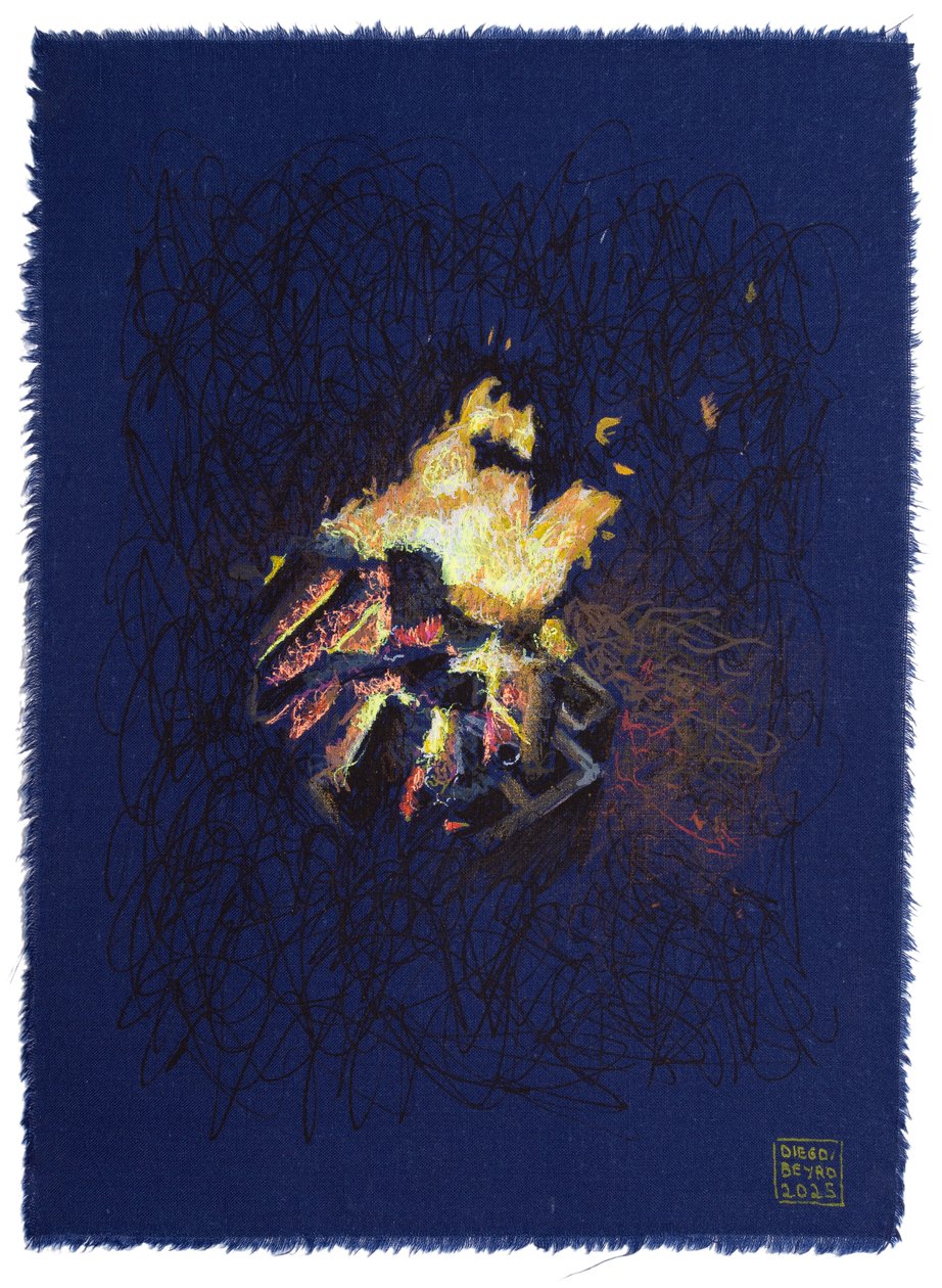 Lähikuva tulipalosta ennen pyrotekniikkaa, 2025 (akryyli, muste ja lyijykynä kankaalle) tekijältä Diego Beyro