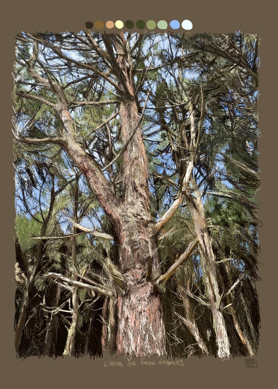 Viivat, jotka tekevät puita, 2022 (iPadilla tehty digitaalinen teos) tekijältä Diego Beyro