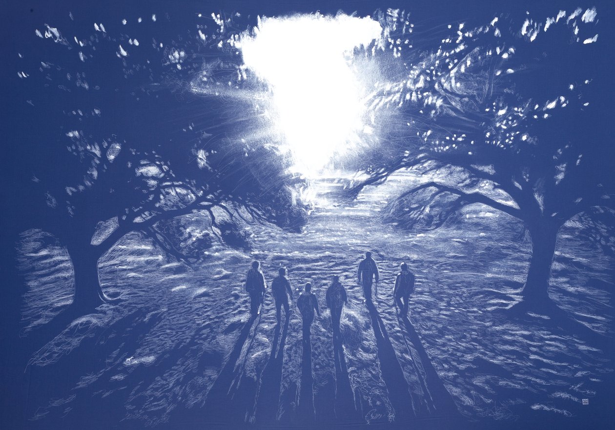 Minä ja veljeni ja sisarukseni aurinkoon, 2025 (akryyli, kynä ja lyijykynä kankaalle) tekijältä Diego Beyro