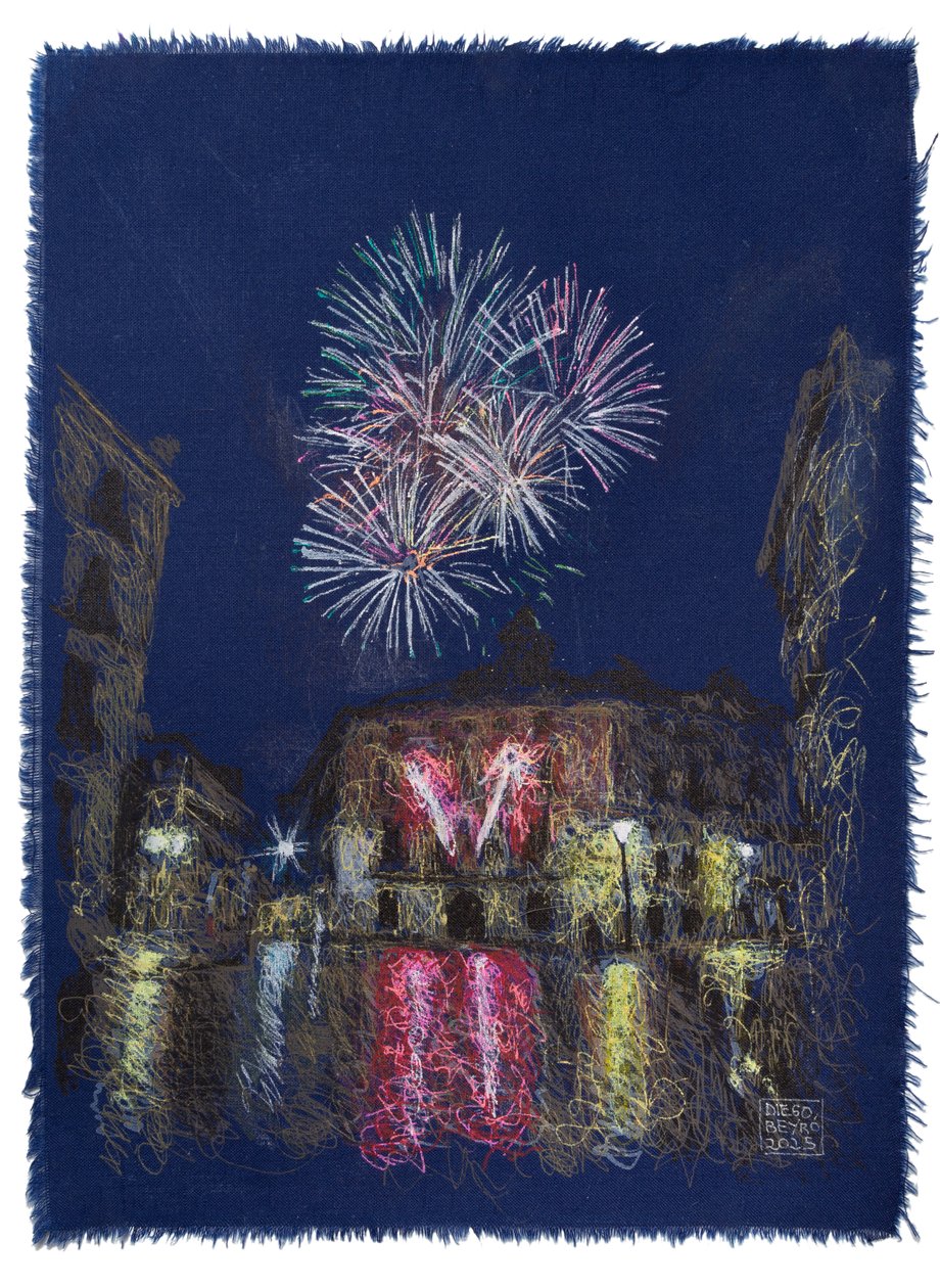 Mundial de pirotecnia en San Sebastian, 2025 (akryyli, muste ja lyijykynä kankaalle) tekijältä Diego Beyro