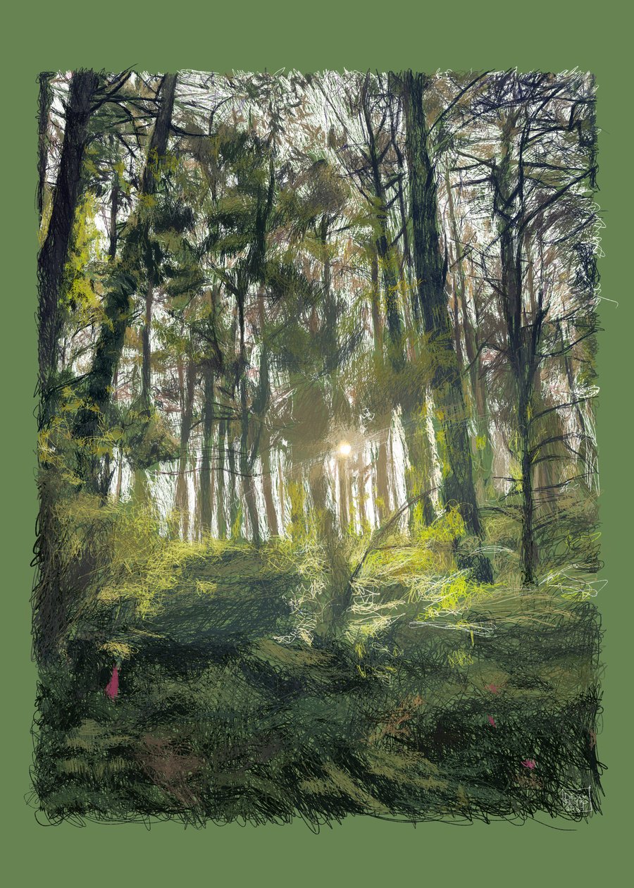 Taustavalaistuja oksia ja puita, 2022 (digitaalinen taideteos tehty iPadilla) tekijältä Diego Beyro