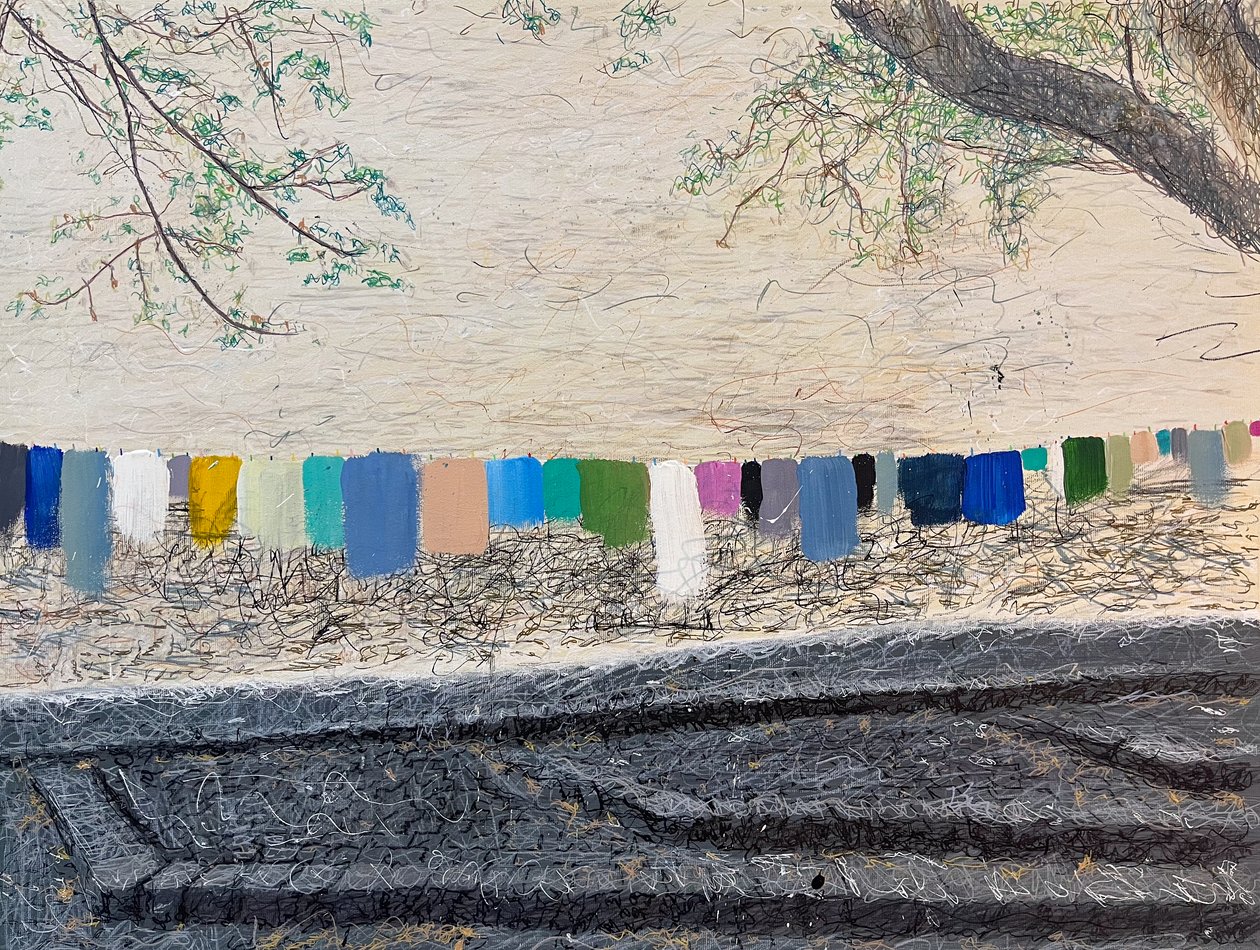 Ropa colgada, 2024 (akryyli ja lyijykynä kankaalle) tekijältä Diego Beyro