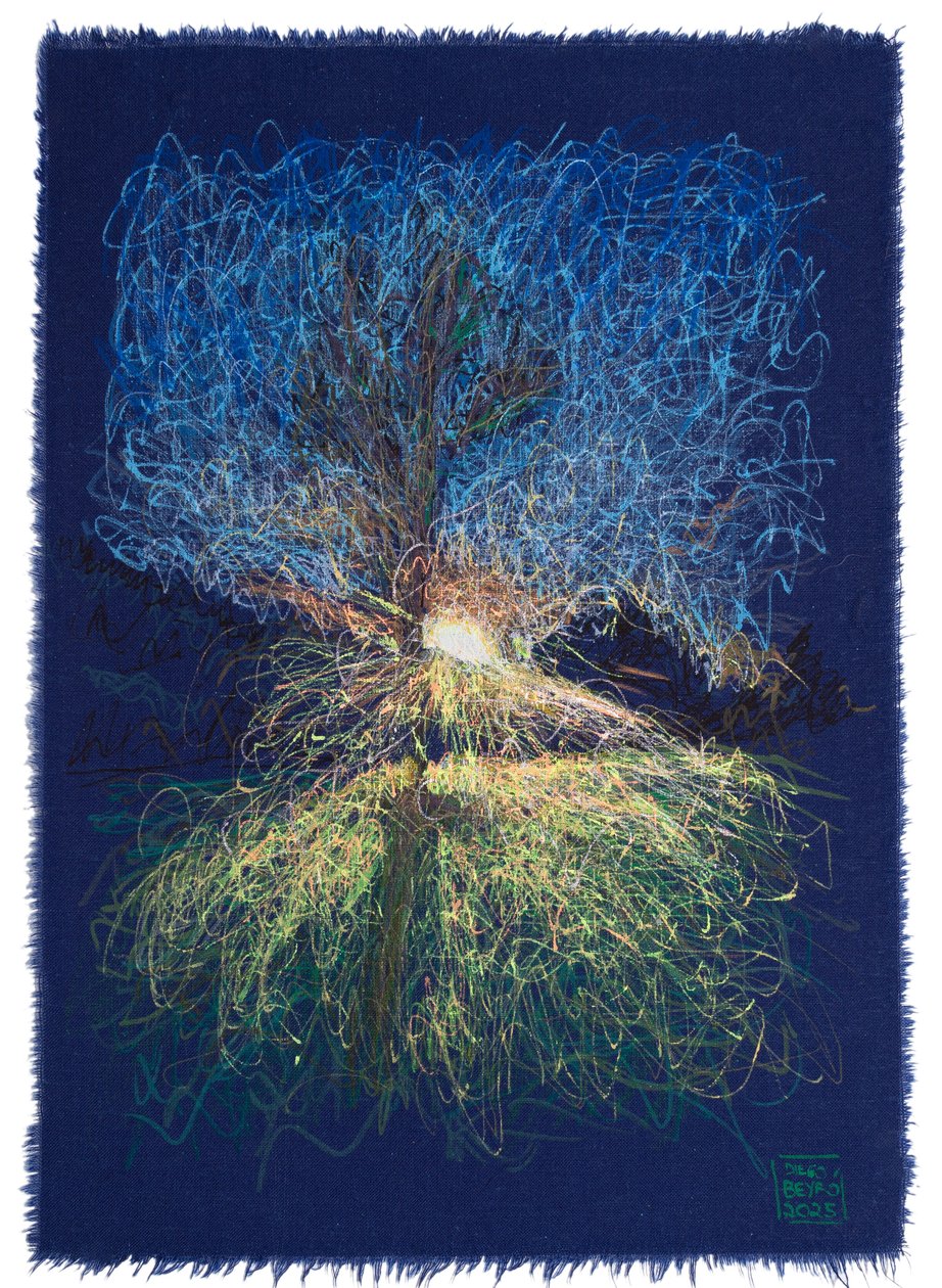 Sol poniente mientras espero albergue, 2025 (akryyli, muste ja lyijykynä kankaalle) tekijältä Diego Beyro