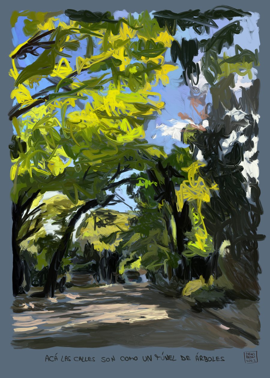 Puiden tunneli, 2022 (iPadilla tehty digitaalinen teos) tekijältä Diego Beyro