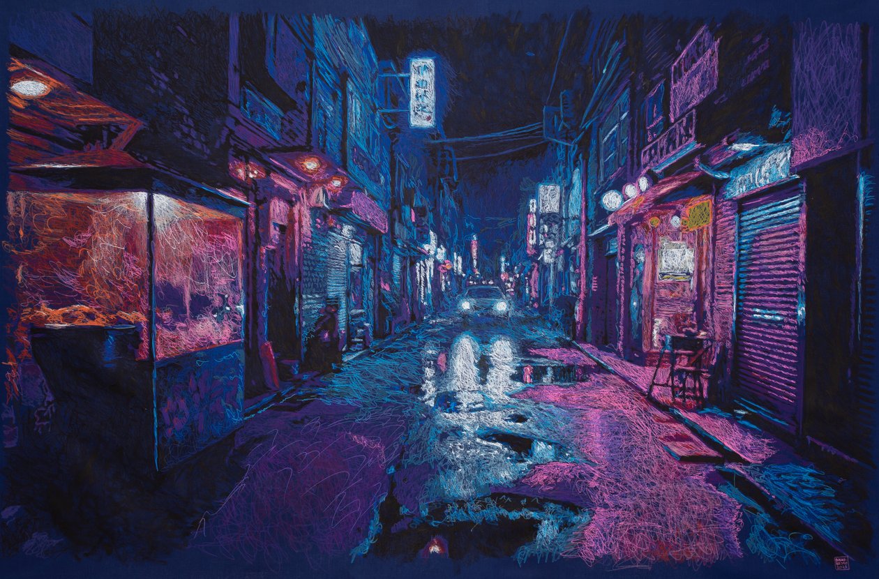 Volviendo albergue en HK, 2025 (akryyli, muste ja lyijykynä kankaalle) tekijältä Diego Beyro