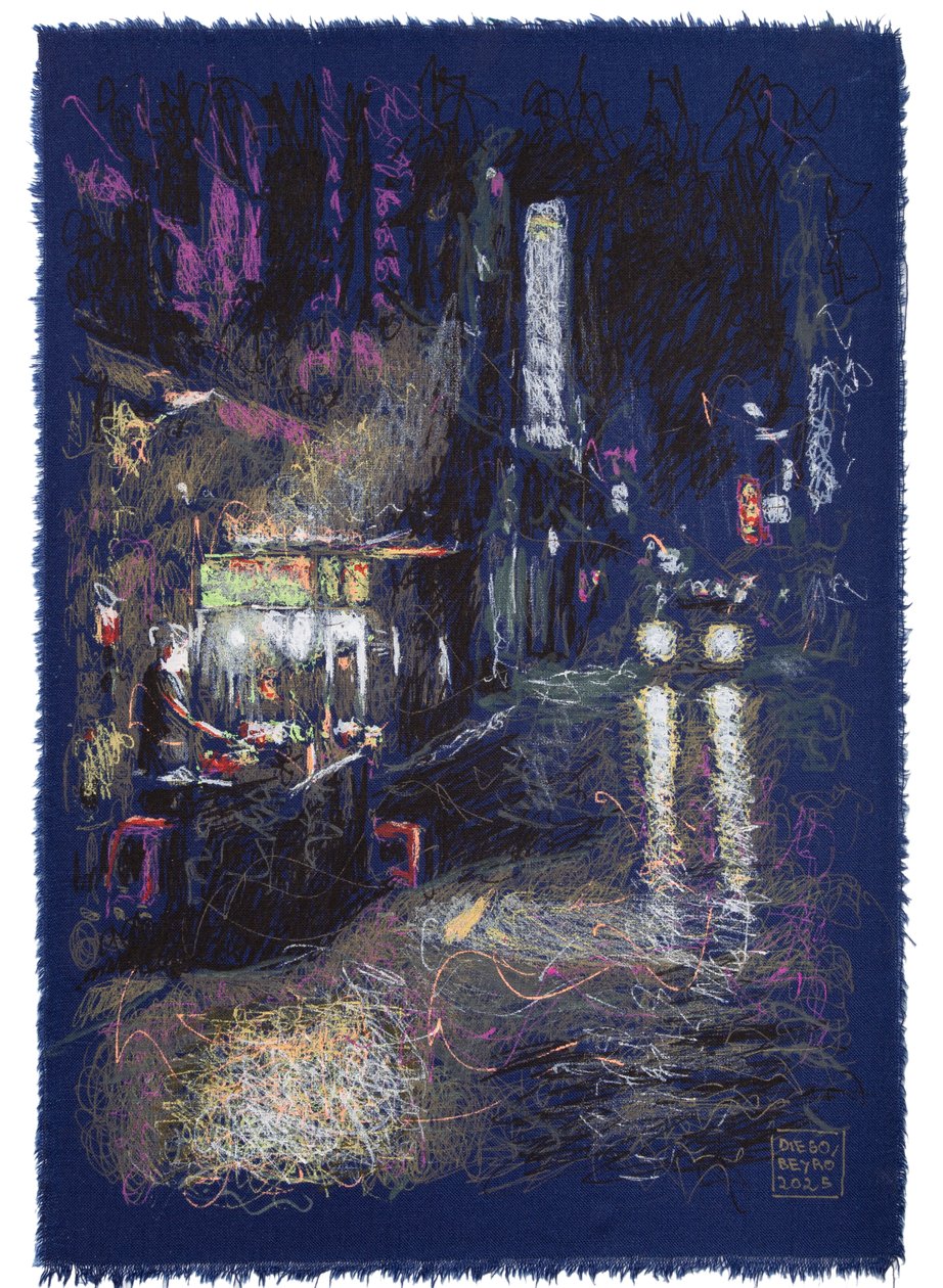 Volviendo al albergue en Tailandia, 2025 (akryyli, muste ja lyijykynä kankaalle) tekijältä Diego Beyro