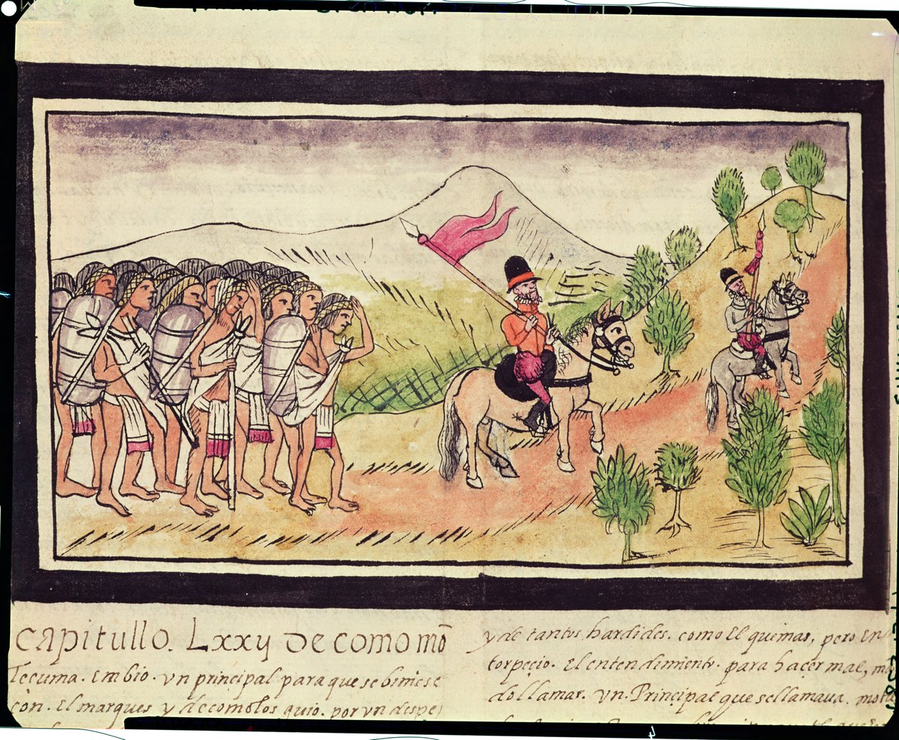 Fol.204v Totonac-intiaanit, jotka auttavat valloittajia kuljettamaan materiaaleja, 1579 tekijältä Diego Duran